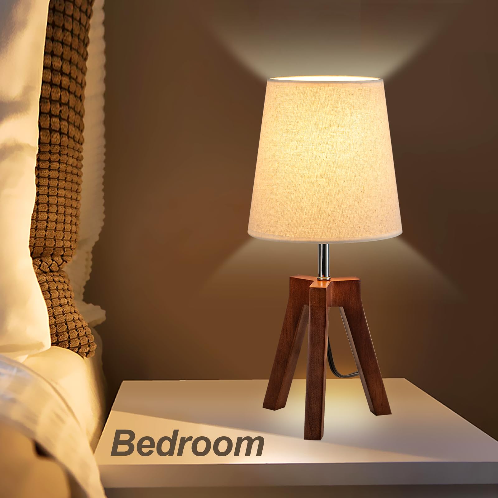Dreamholder Wood Bedside Table Lamp, Tripod Desk Lamp With On-Off Switch, Nightstand Lamp With Fabric Shade For Reading, Bedroom, Living Room, Office, Walnut Base With Linen Shade(Without Bulb)