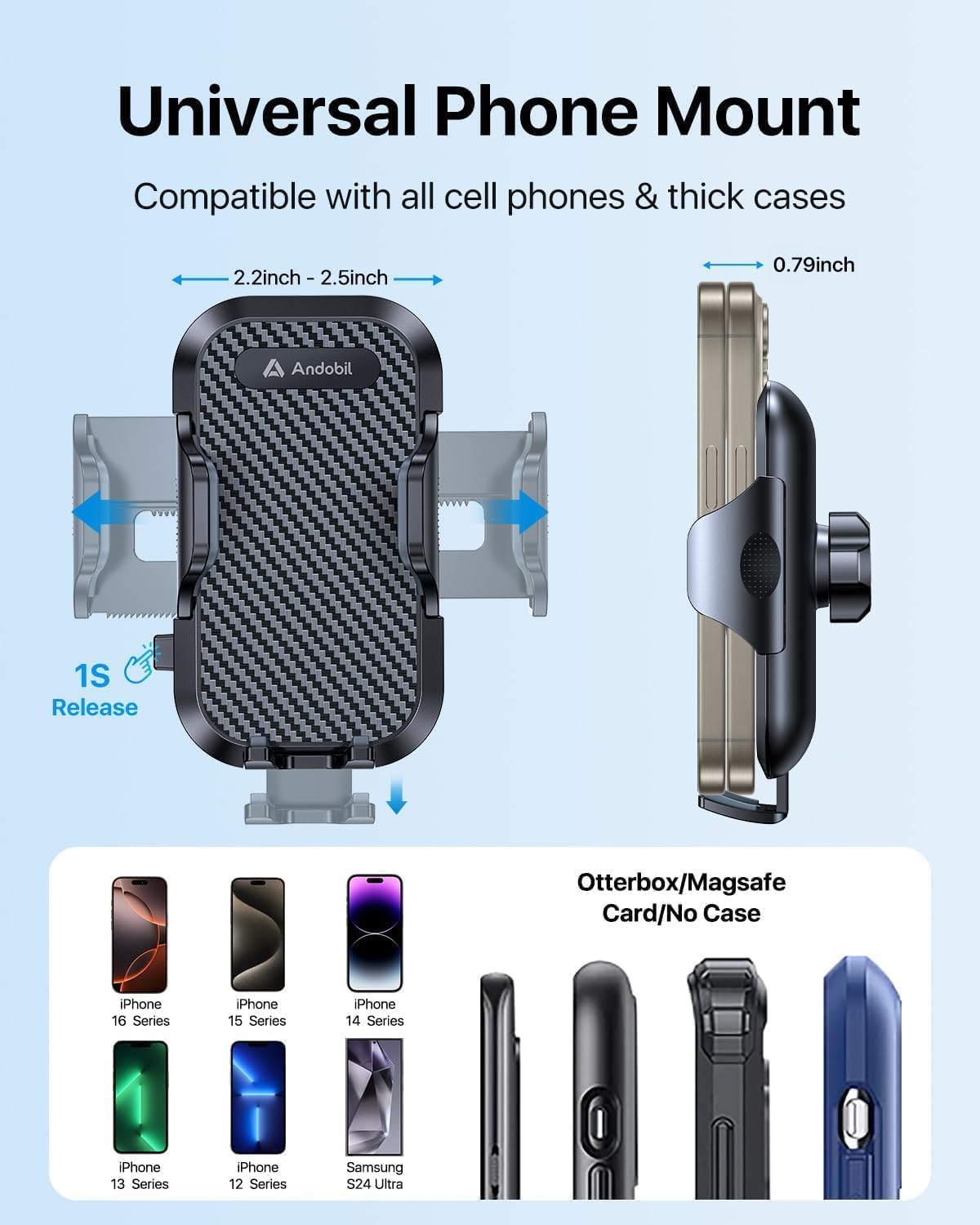 Andobil Car Phone Holder,  Military-Grade 85Lbs Strongest Suction Phone Holders For Your Car Dashboard/Windshield/Vent Easy Clamp Cellphone Holder Truck Stand For Iphone 16 15 14 Pro Max Samsung