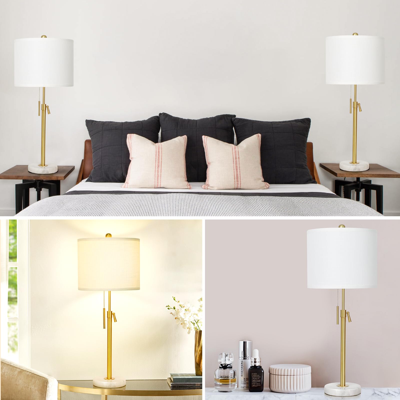 Qingmiao Lamp Modern Set Of 2: 22" To 30" Height Adjustable Pull Chain Switch For Living Room Bedroom End Table, Marble Base White Linen Shade Golden Pole Nightstand Lamp Brass For Office, Bedside Table