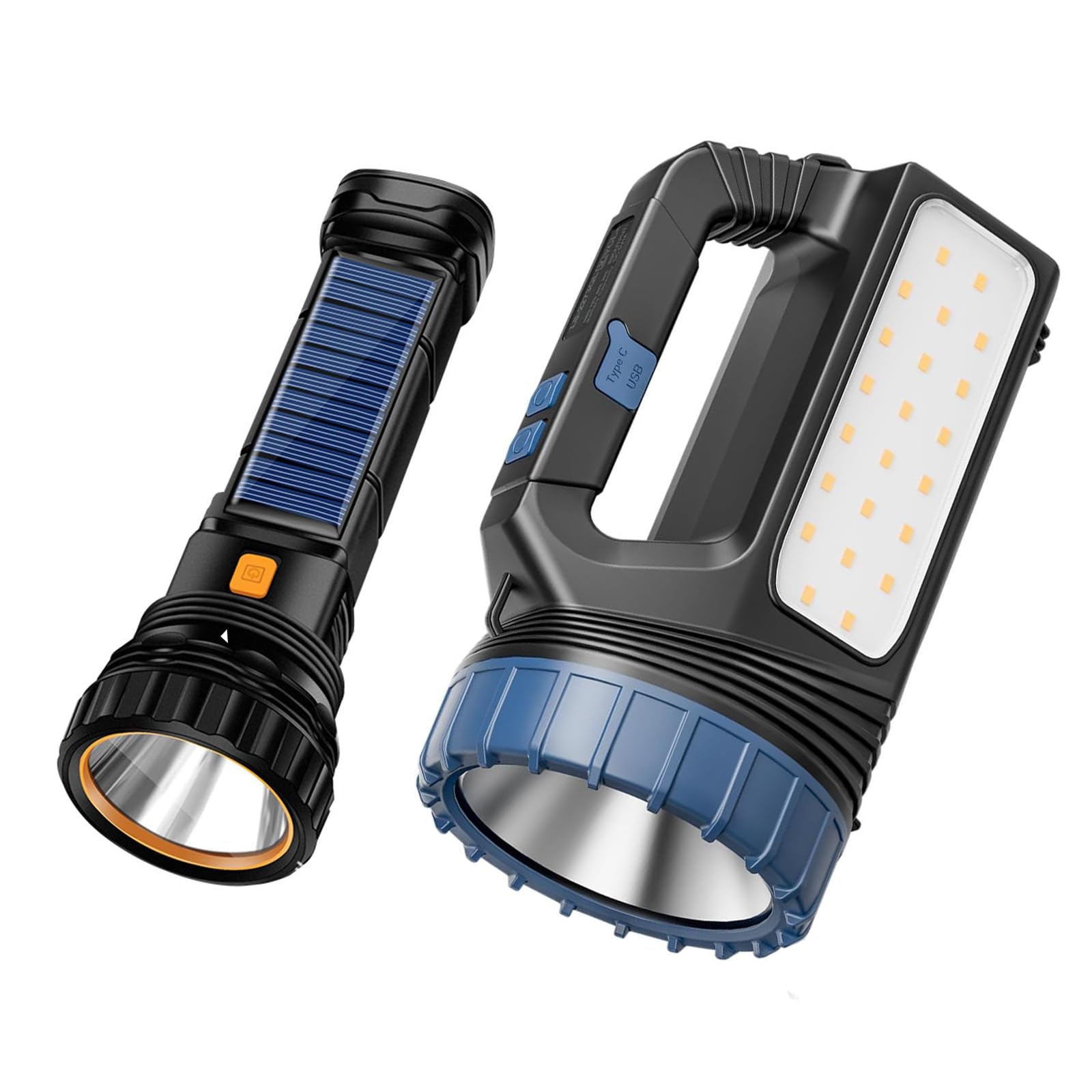 E-Shidai Solar Flashlights, Solar Flashlight Flashlights For Multi Function Led Flashlight With Emergency Strobe Light Emergencies, Led High Lumens, Usb C And Large Capacity Battery Fast Charging（2Pcs）