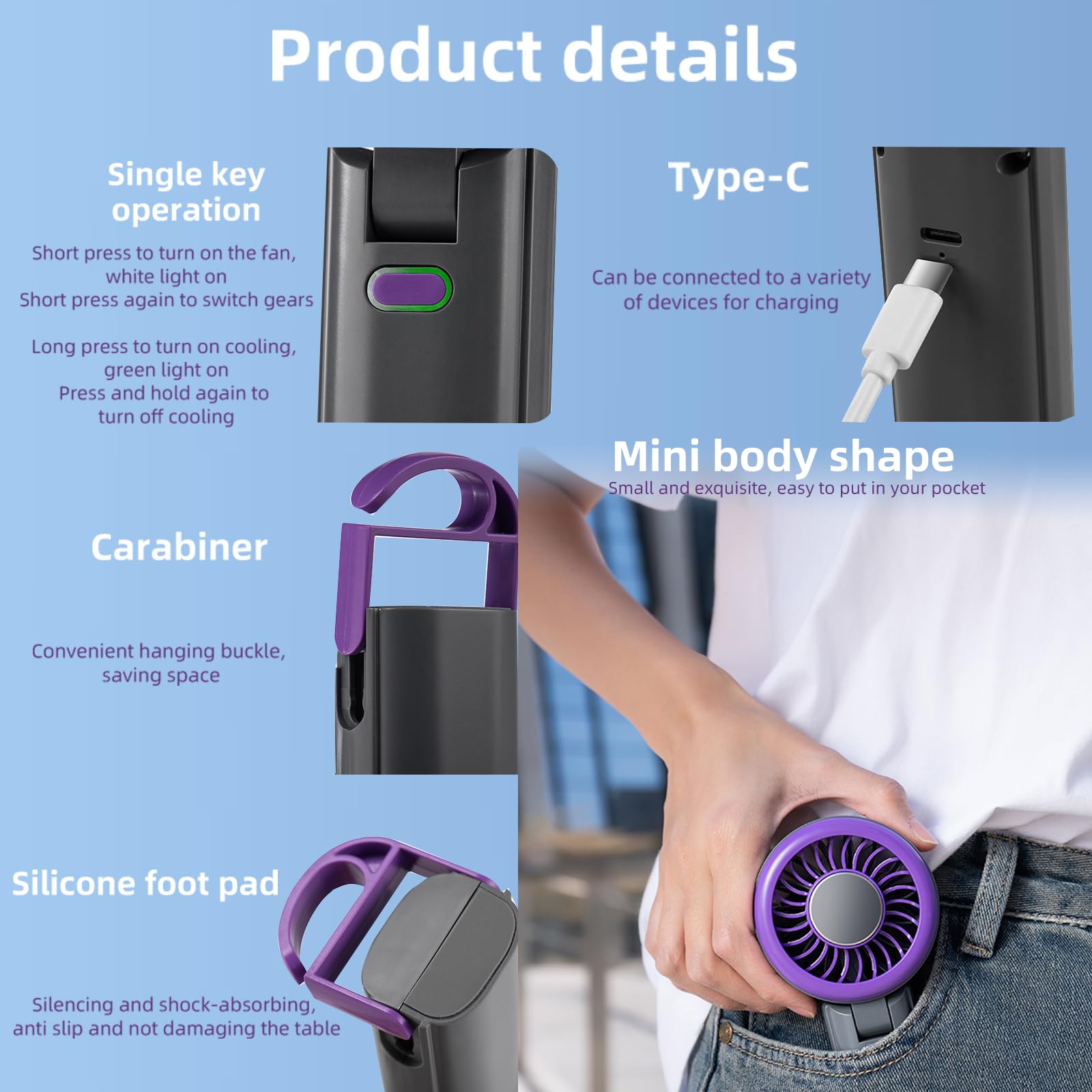 Portable Mini Fan-3 In 1 Usb Rechargeable Personal Fan, Handheld Fans,Desktop,Neck Hanging,5 Wind