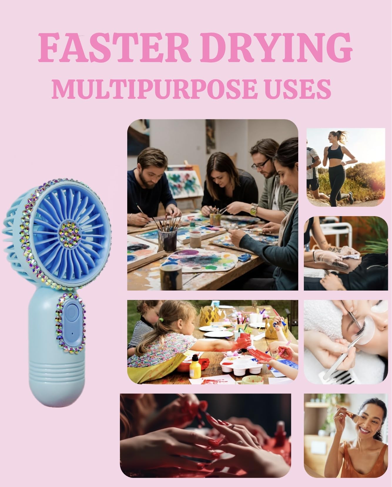 Portable bling rhinestone handheld fan, USB rechargeable, 3 speeds, and cooling settings for a stylish personal fan