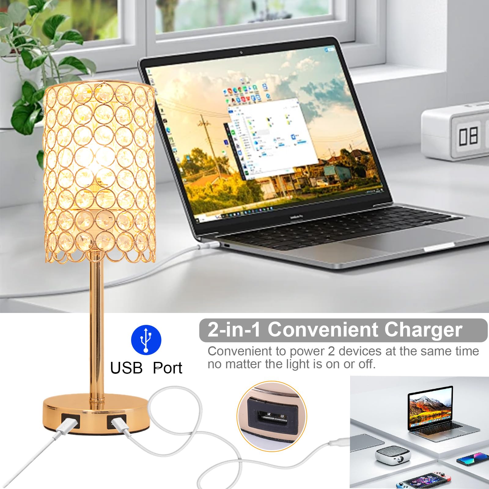 Krasty Crystal Gold Table Lamp,Touch Control Lamp With Two Usb Ports, 3-Way Dimmable Nightstand Lamp With Crystal Lampshade,Bedside Lamp For Bedroom Living Room Kid Room(Bulb Not Included)