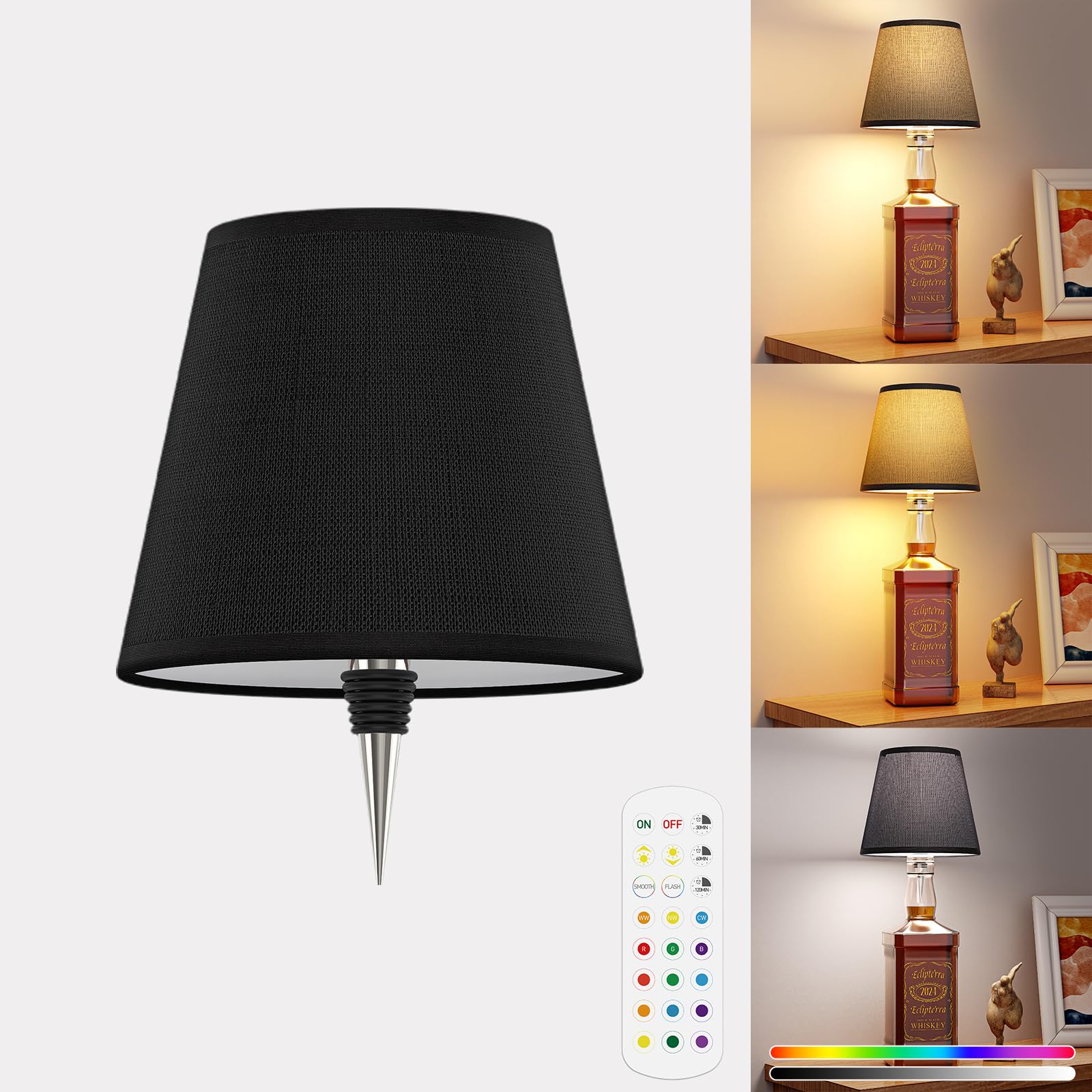 Eclipterra Cordless Led Bottle Lamp 5000Mah Battery Portable Wireless Table Lamp Wine Bottle Lamp For Indoor Outdoor Dining Bedroom With Remote (Black, 1 Pack)