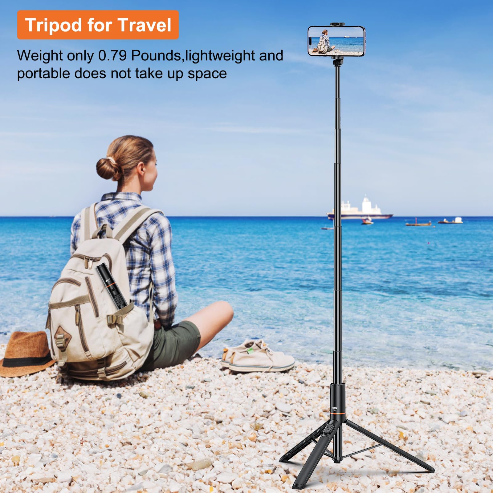 Vrig Select Vrig 63" All-In-1 Selfie Stick Tripod With Integrated Remote, Portable, Lightweight, Extendable Phone Tripod For Iphone/Android