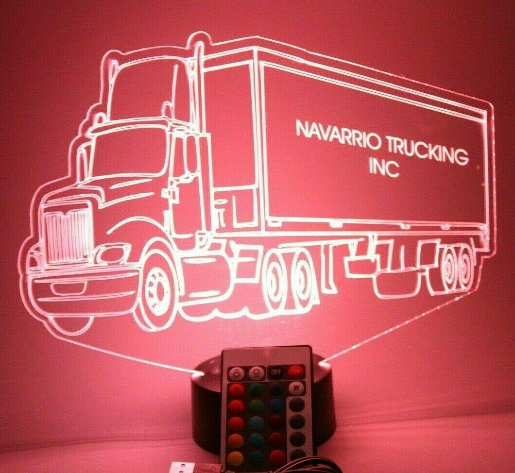 Mirror Mania Tractor Trailer Light Up Lamp Led Personalized Night Light Engraved Trucking Big Rig Trucker 18 Wheeler Truck Table Lamp, 16 Color Changing Options With Remote, Engraved , Made In Usa
