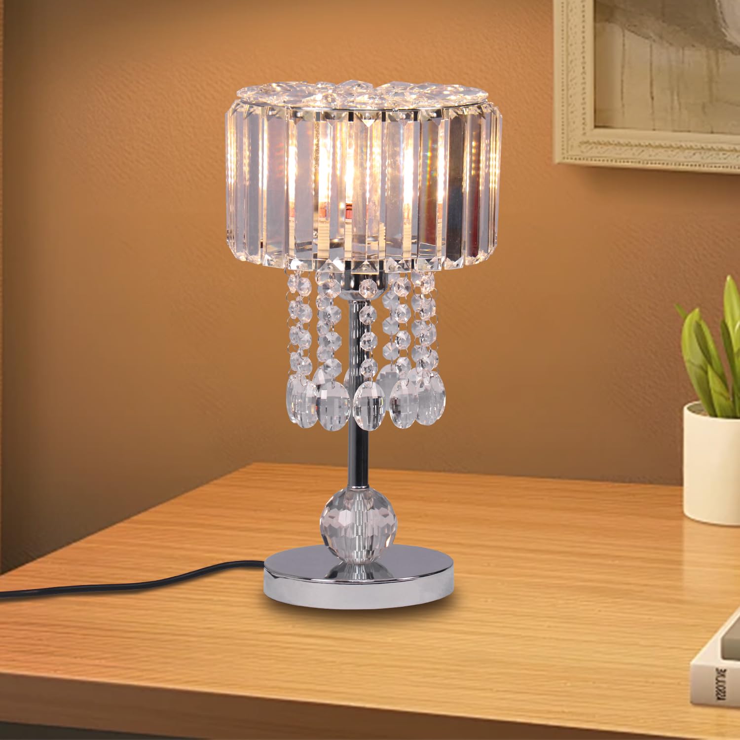 Frixchur Chrome Crystal Table Lamp Bedside Lamp Small Desk Lamp Nightstand Lamp Silver Lamps For Bedrooms Living Room Home Office Kids Room Dorm Reading,7.67 Inch