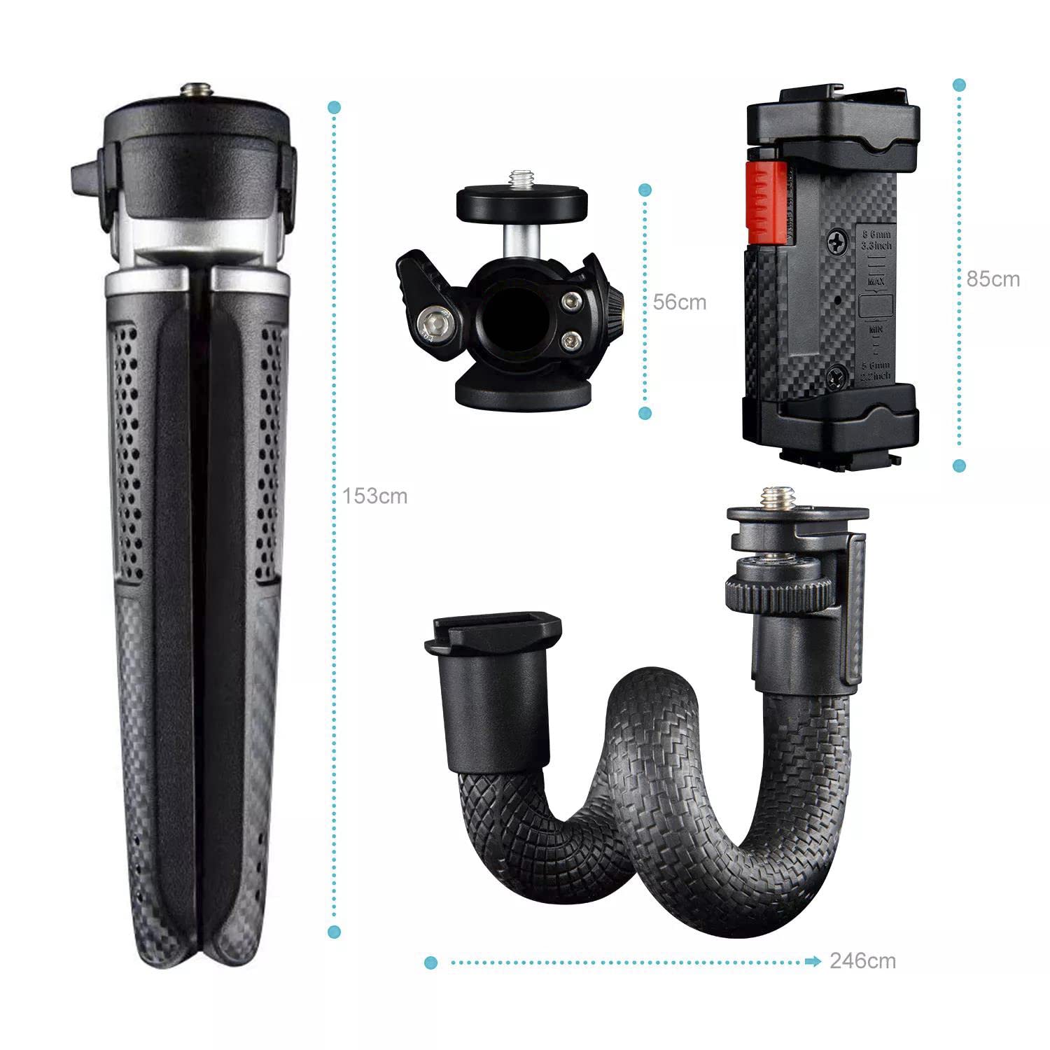 Muchable Portable & Sturdy Adjustable Phone Tripod,Cell Phone Mount Easy To Adjust 360° Ball Head, Mini Tripod With Cold Shoe Mount, 1/4'' Screw For Magic Arm,Selfie Stick Stand For Smartphone Dslr Camera