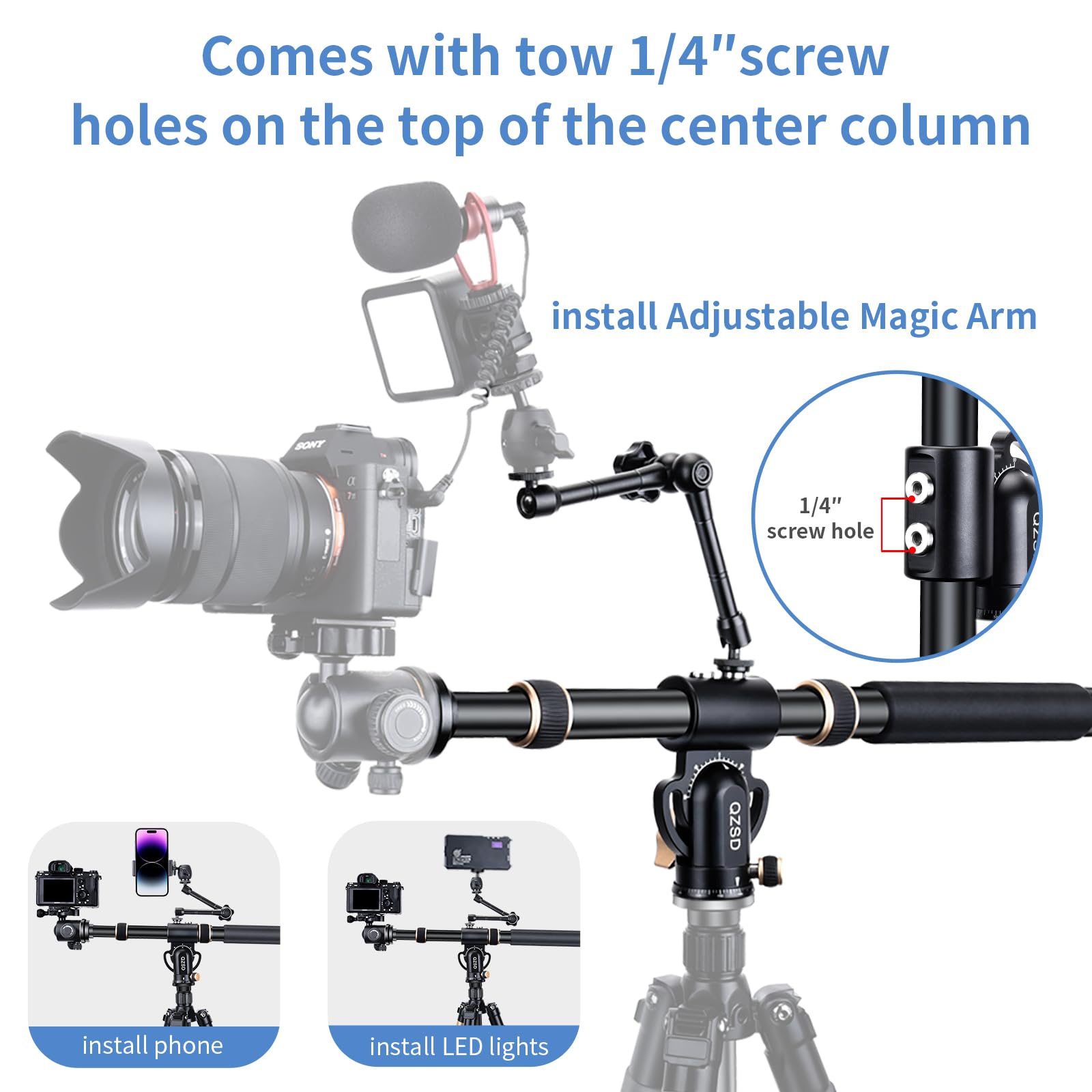 Qzsd 41" Aluminum Tripod Extension Arm Retractable Horizontal Center Column Arm With 1/4'' And 3/8'' Scerws, 360° Rotatable For Overhead, Multi-Angle Photography,Load Up To 33Lbs,Tripod Not Included