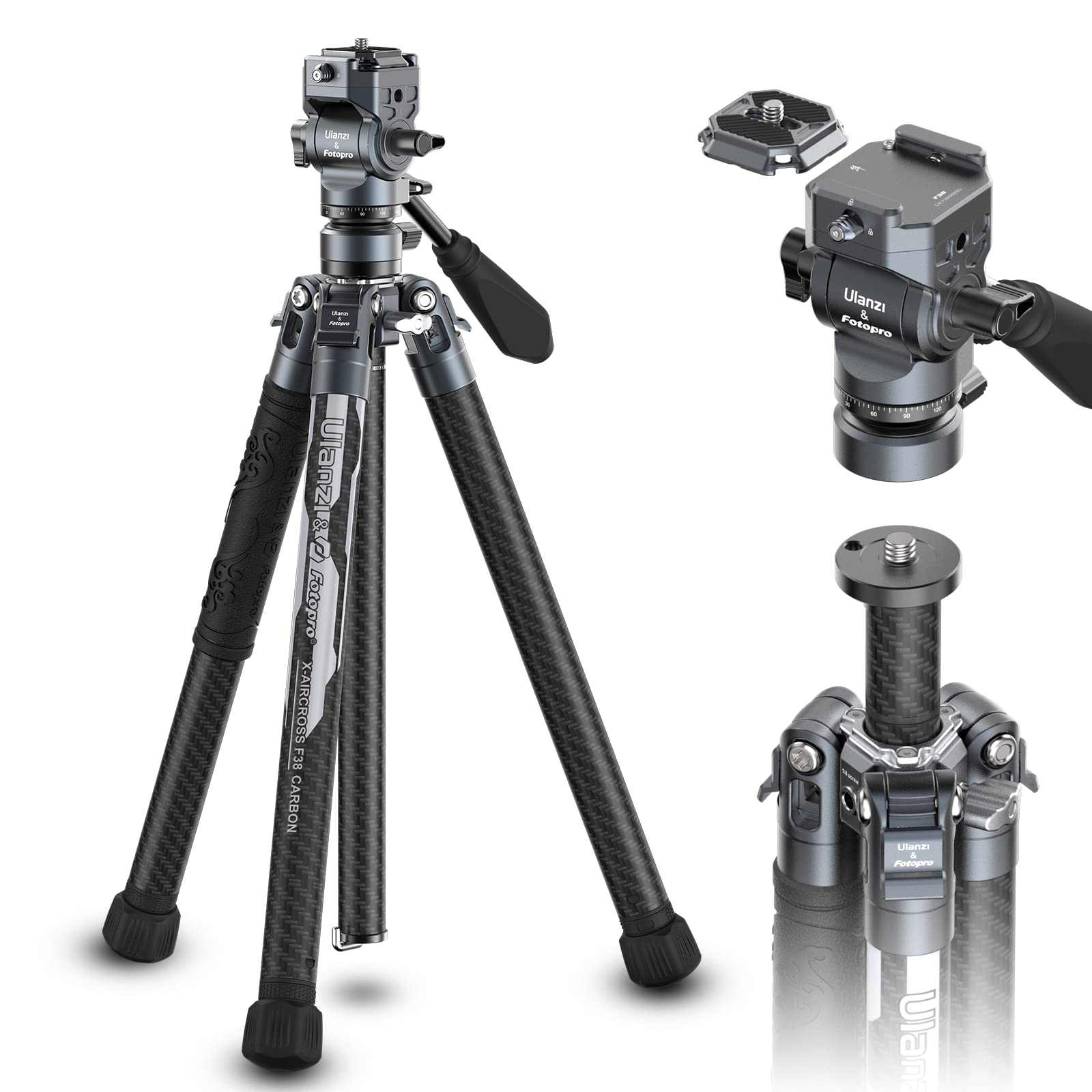 Jusmo Ulanzi F38 Video Travel Tripod, 61.4" Carbon Fiber Tripod W Quick Release Fluid Head, 2.38Lbs Ultra Lightweight Portable Stable Professional Camera Photo Video Tripod, Load Up To 22Lbs, With Bag