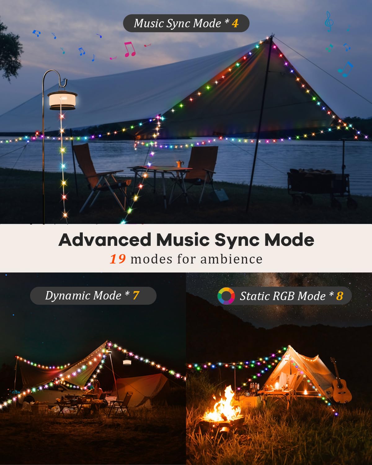 Homebest Camping String Lights – 33Ft Rgb Retractable Light With 19 Lighting Modes, Quick 20S Recovery, Waterproof, 3-In-1 Quick Storage, Rechargeable Tent Lights For Camping, Hiking, Yard, Travel,Holiday Gift