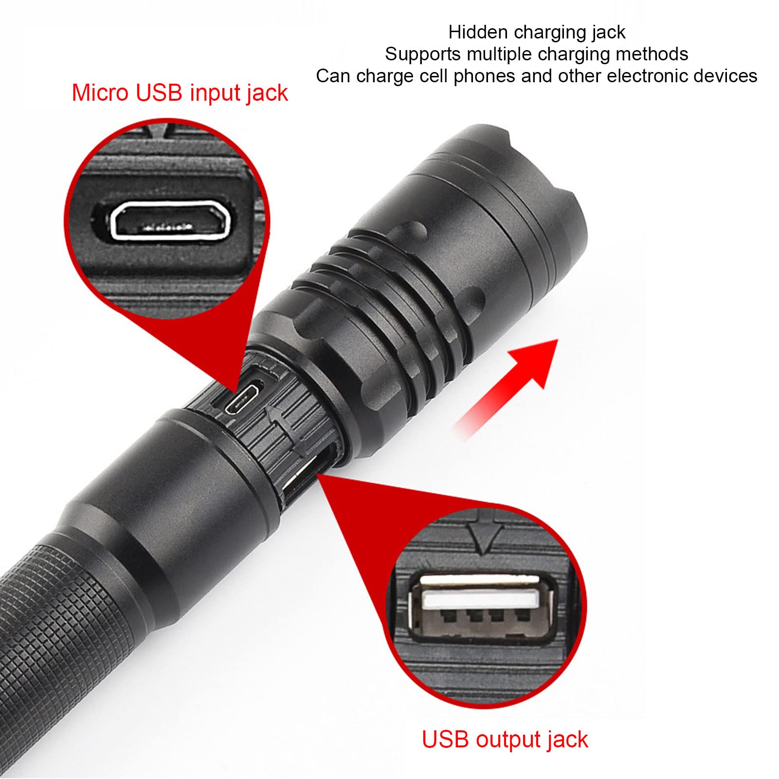 Etaingyeun Bright Rechargeable Flashlight High Power Long Life Telescopic Zoom For Outdoor Emergency Black