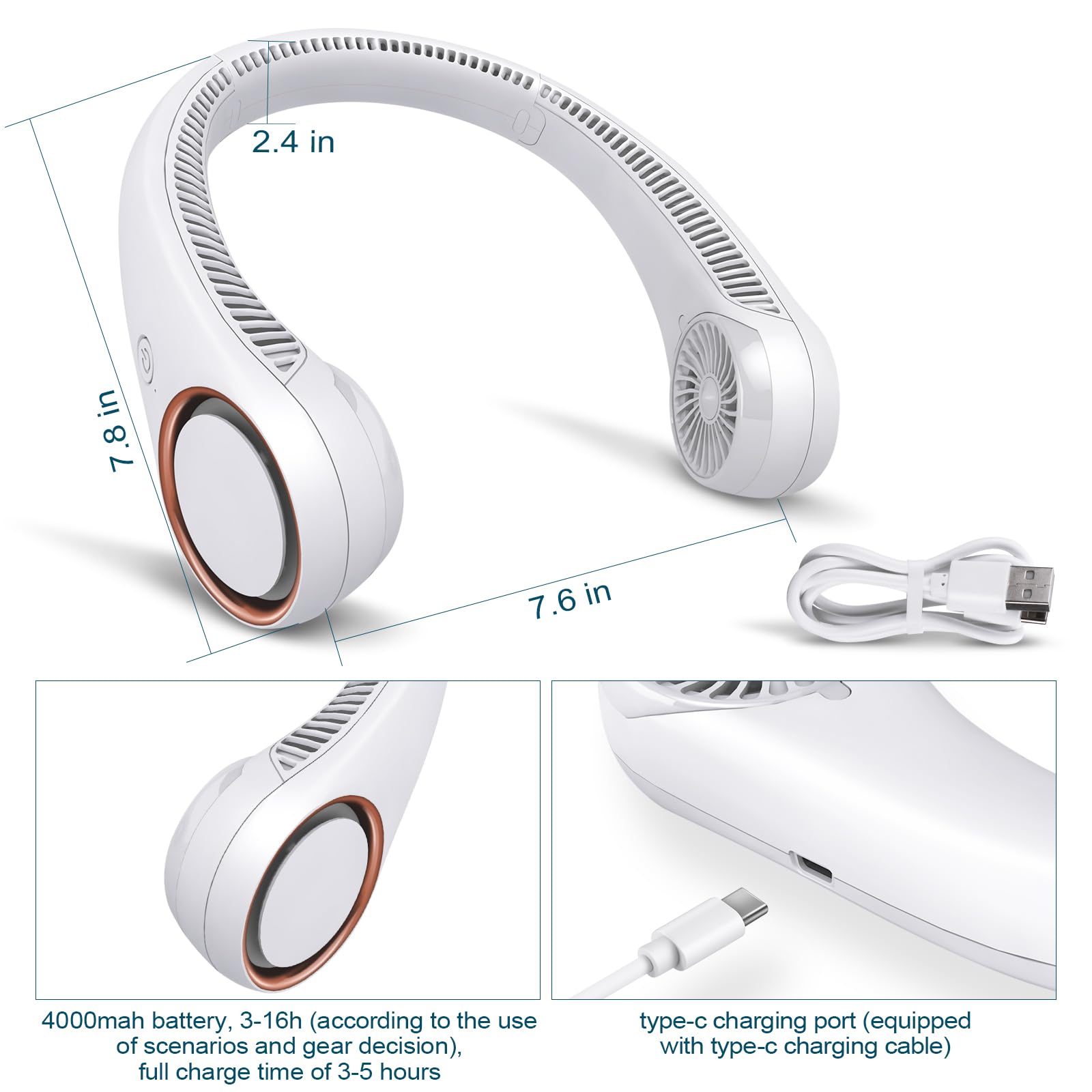 Civpower Neck Fan: Portable Personal Neck Cooling Rechargeable Bladeless Fan - Hands Free 3 Speed