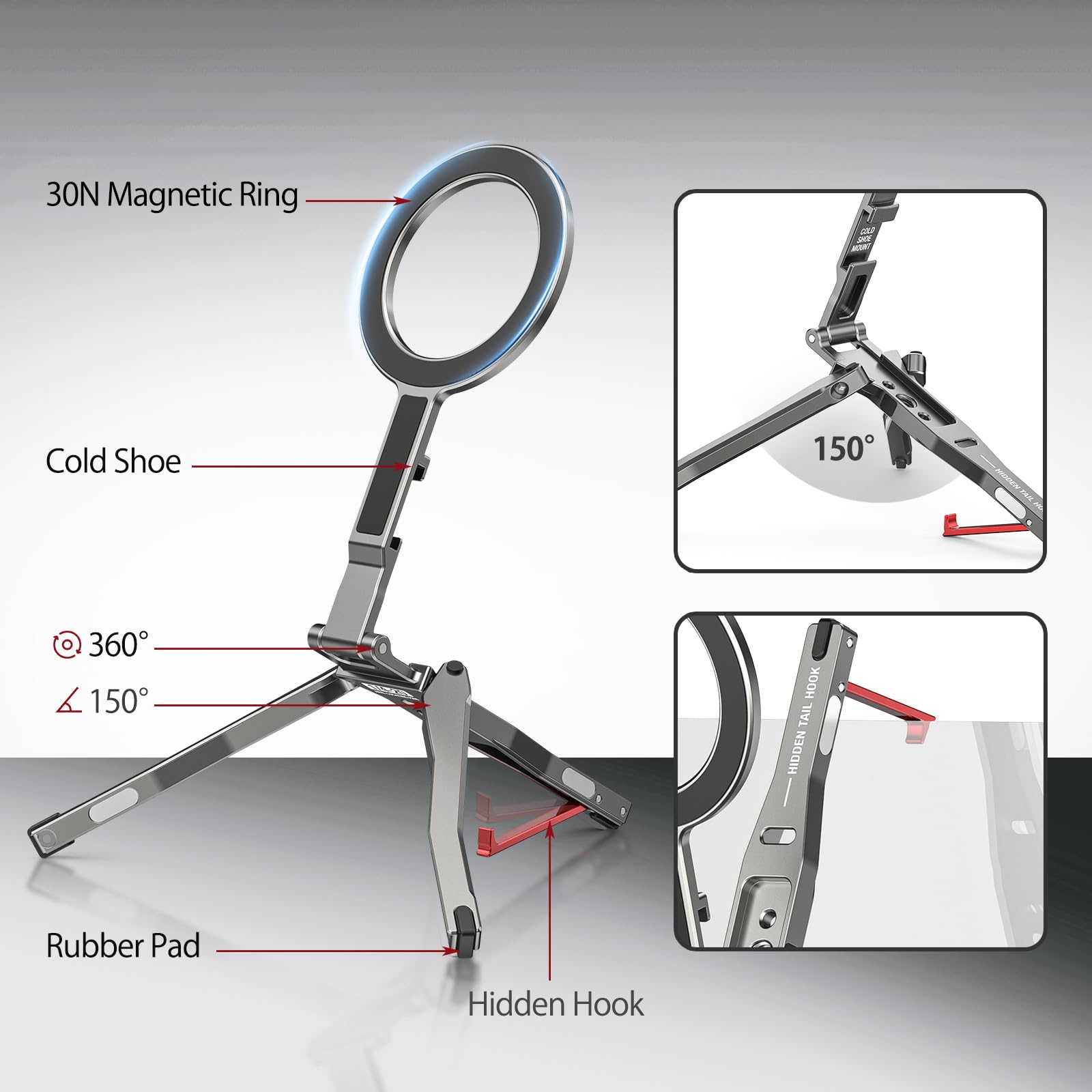 Camolo Geek Magnetic Pocket Phone Tripod Foldable With Hook, Mg-05G Phone Holder Compatiable With Magsafe For Iphone 16 15 14 13 12 Pro Max Plus Series, 1/4" Screw Tripod Mount, Lightweight Cellphone Stand Travel