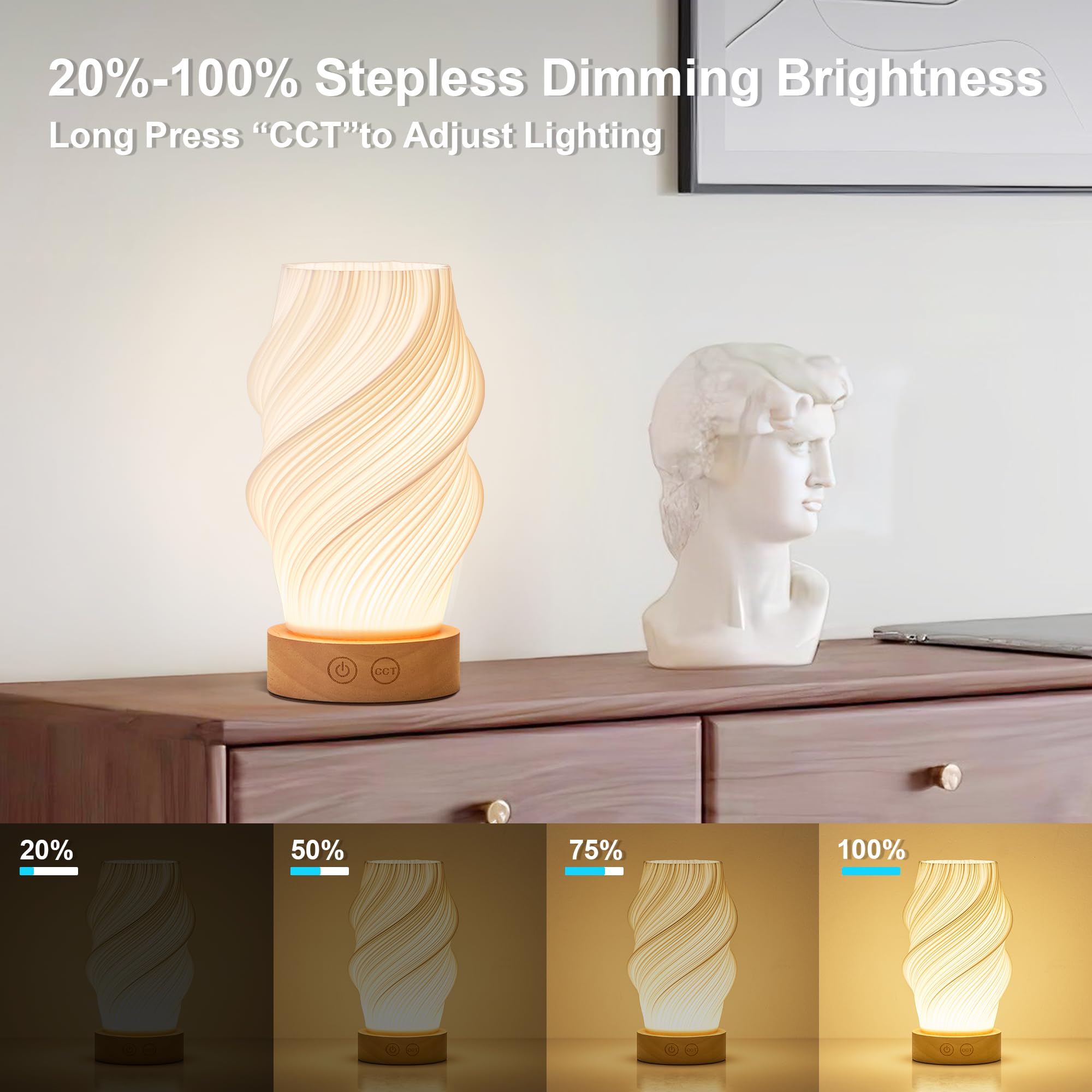 Kartoosh Cordless Led Table Lamp Set Of Two, Battery Operated Portable Desk Lamp, 3 Color & Dimmable, Modern Rechargeable Table Light For Living Room,Bedroom,Bedside, White, 8.6Inch