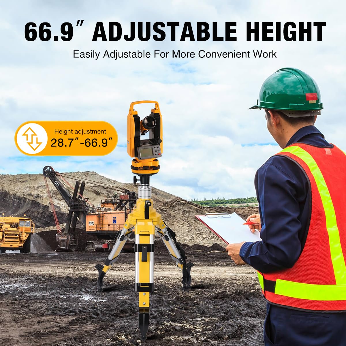 Moeter Elevator Tripod, Heavy-Duty Survey Tripod With 5/8"-11 Thread – Adjustable Height 27-66 Inches, With Non-Skid Feet & Shoulder Strap For Laser Level Construction Surveying