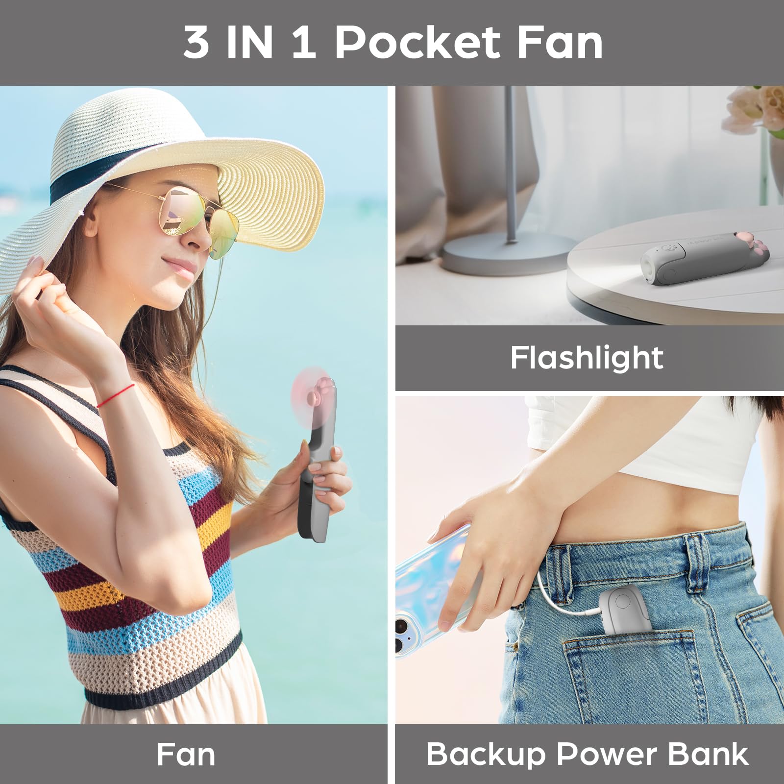 Handheld Mini Fan,Usb Rechargeable Foldable Fan, 3 In 1 Portable Pocket Fan With Power Bank