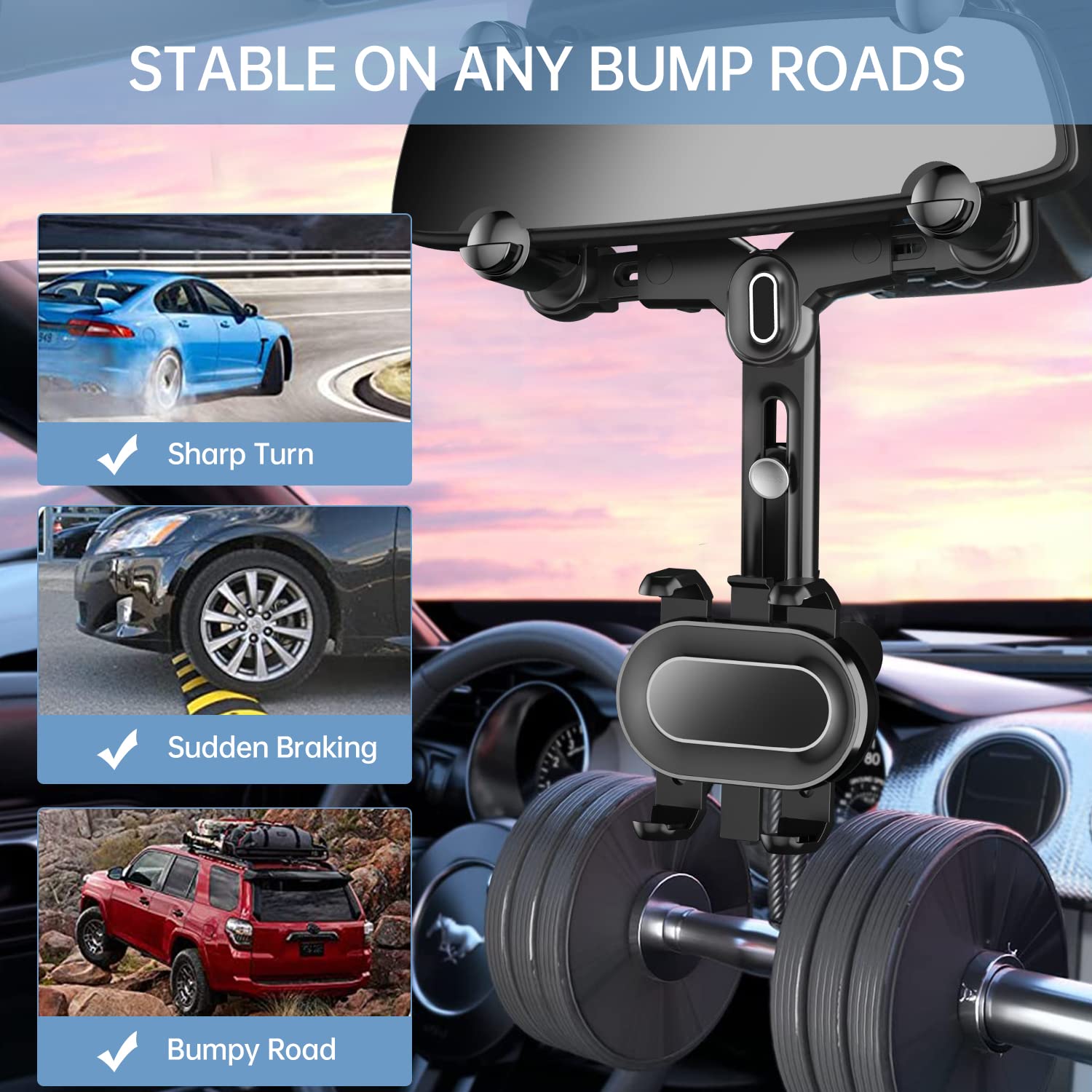 Wuitin Rearview Mirror Phone Holder For Car,360°Rotatable And Retractable Multifunctional Rear View Mirror Phone Holder,Four Corners Fixed Anti-Shake Design,For All Mobile Phones And All Car