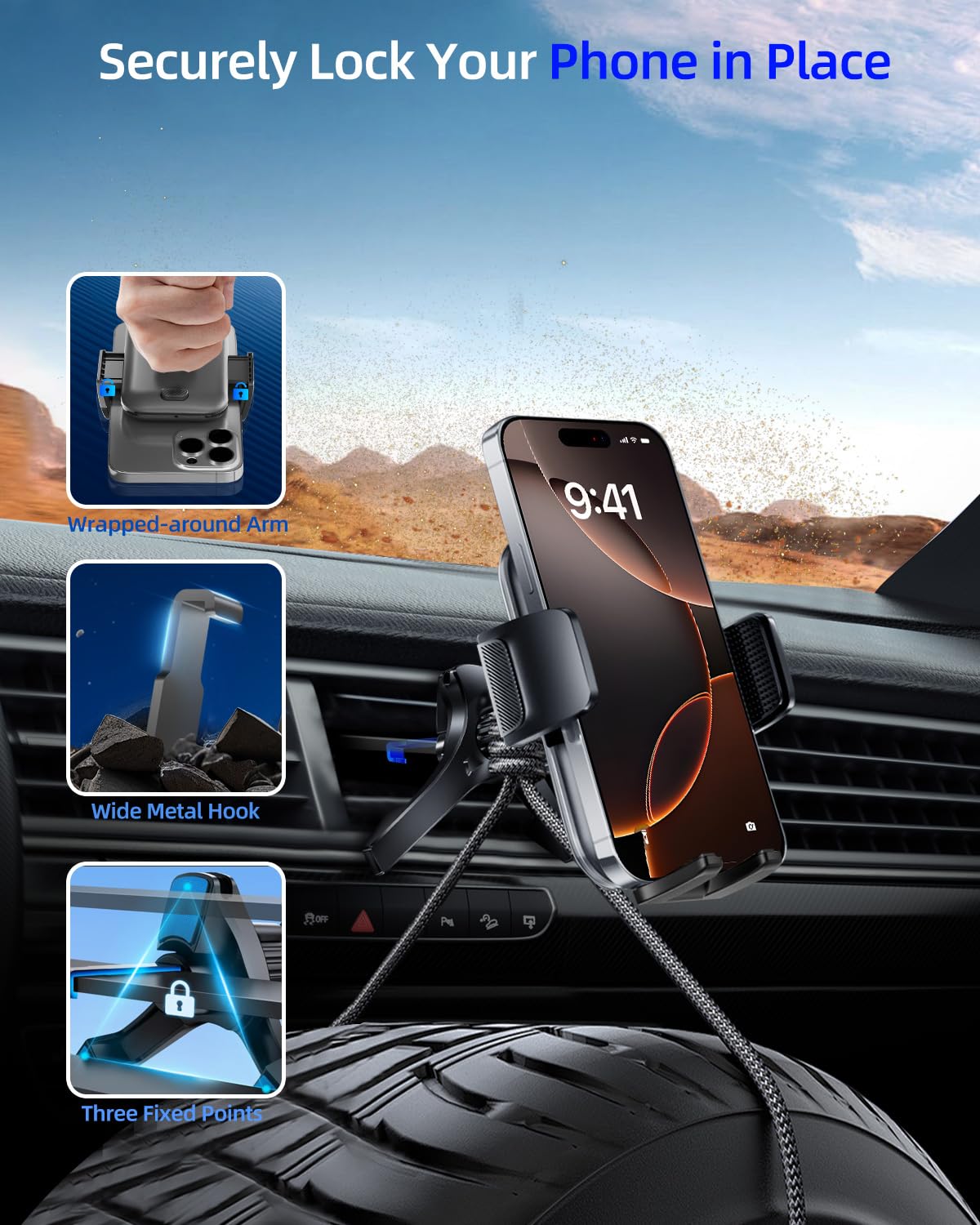 Volport Vent Phone Mount For Car, Hands  Air Vent Clip Cellphone Holder With Deep Wide Clamp, Universal Automobile Cradle Fit For Mercedes Benz, Toyota Rav4, Thick Case Iphone Wallet Card Holder