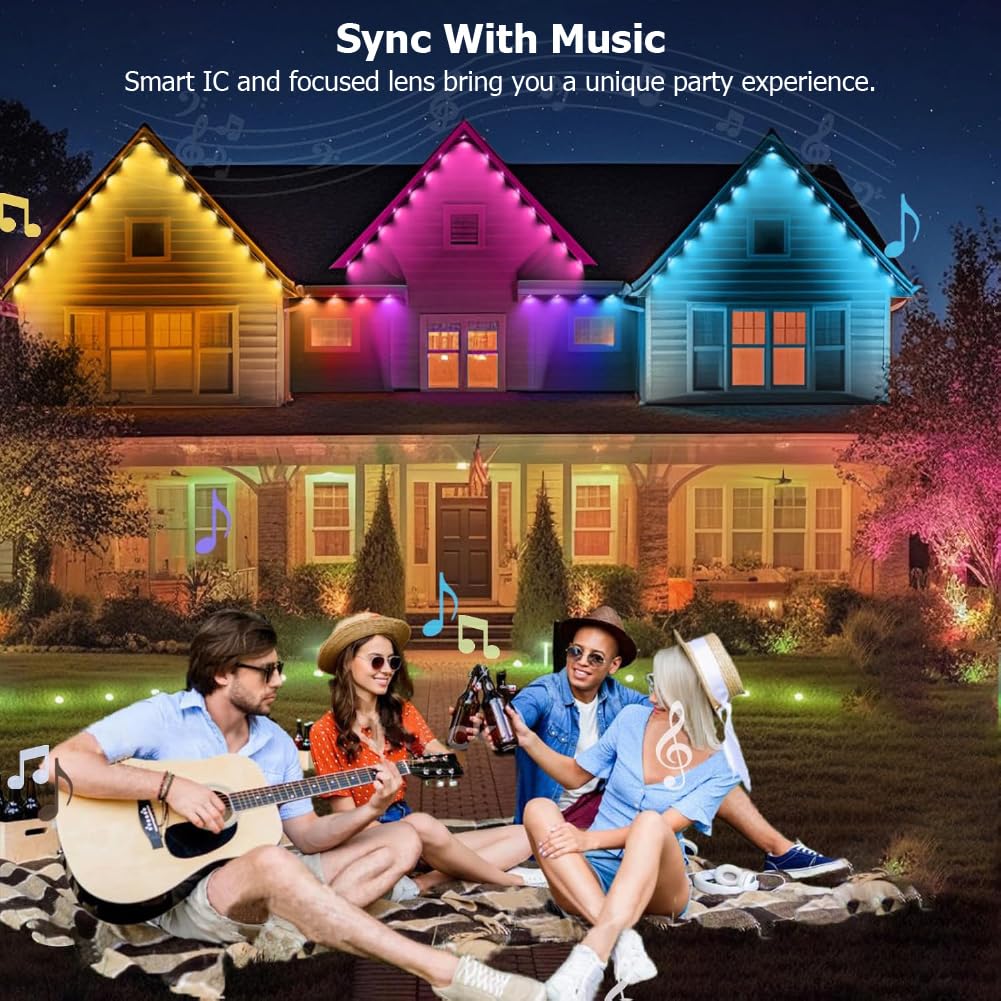 Ecomylife Solar Permanent Outdoor Lights For House, 50Ft Smart Rgb Plus Ic String Light For Outside With 66 Modes, Work With Alexa, Ip67 Waterproof Led Strip Lights For All Holiday Decor (Solar-Powered 50Ft)