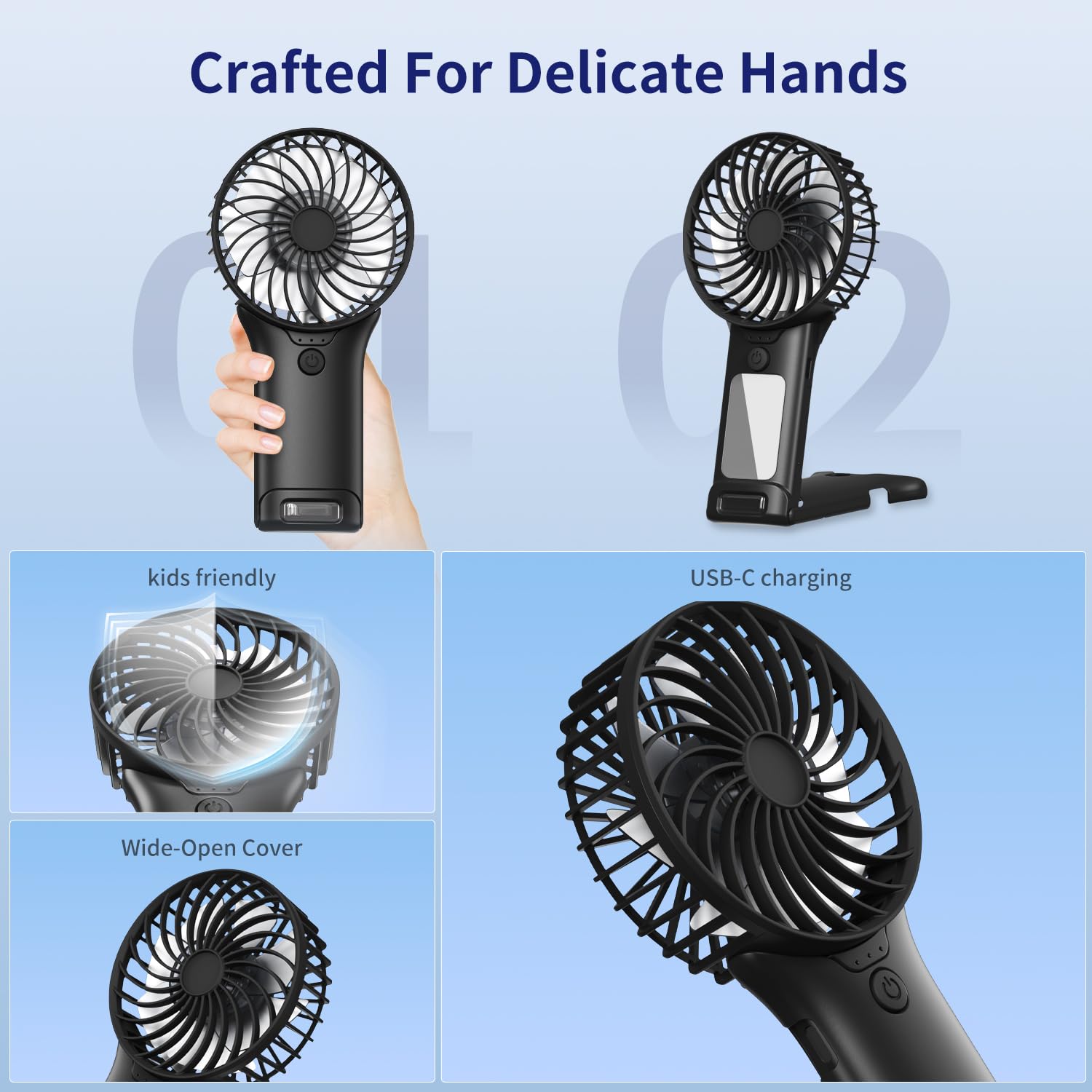Gehen Portable Pocket Fan, Usb Rechargeable, Mini Fan With Mirror, 4 Gear Wind, Up To 15 Hours