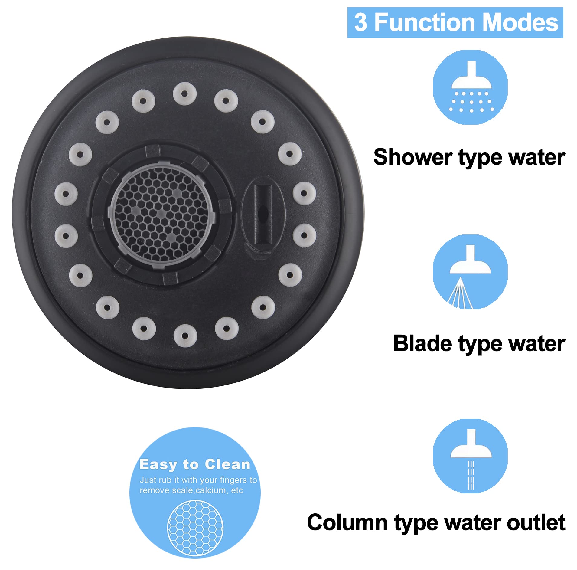 Deokxz Kitchen Sink Pull Down Faucet Spout Replacement Black, 3 Function (Flow/Spray/Water Blade) Sprayer Nozzle With Check Valve, G1/2 Connector Only