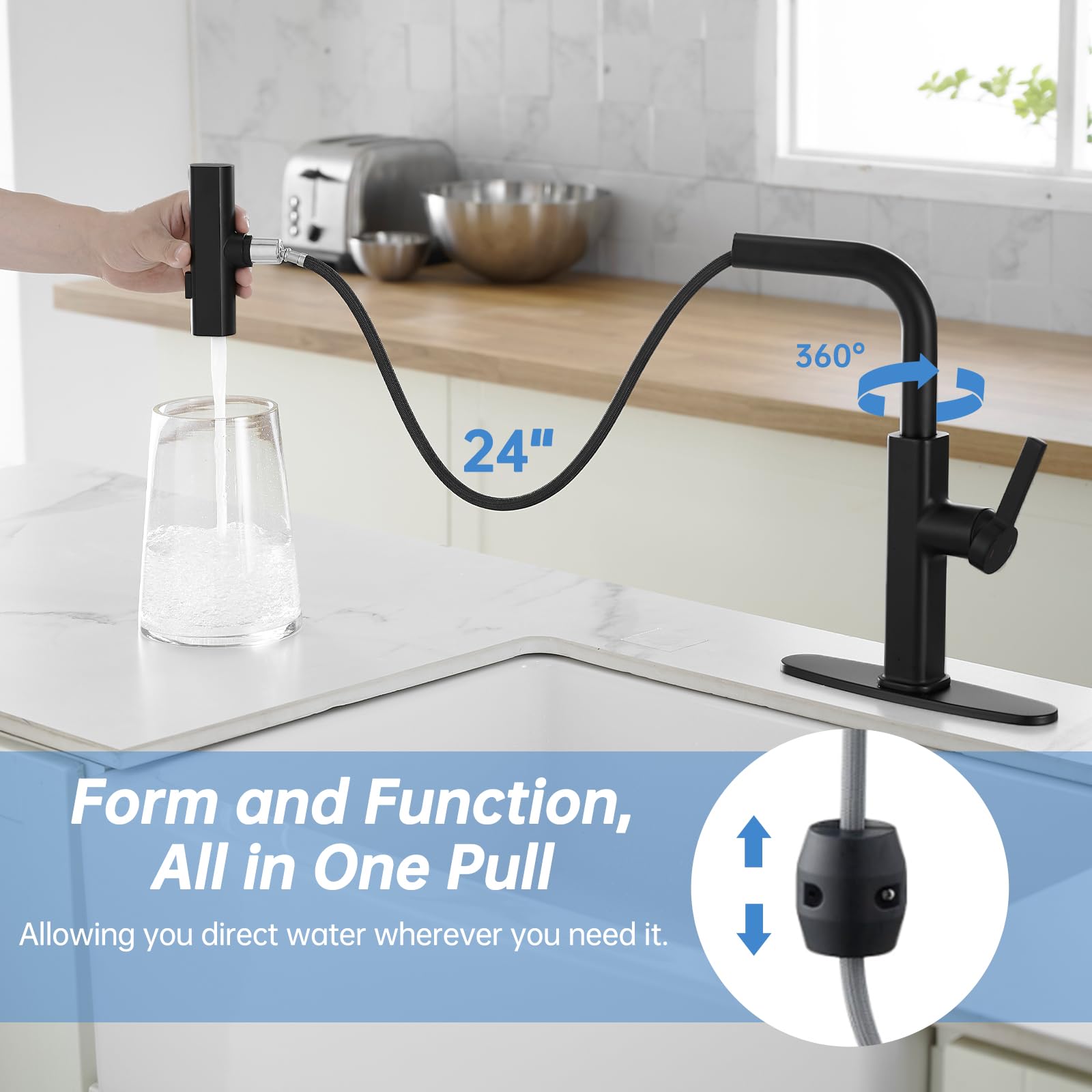 Rumose Kitchen Faucets With Pull Down Sprayer Matte Black Waterfall Rv Kitchen Sink Faucet With Sprayer 3-Mode Commercial High Arc Single Hole Or 3 Hole Stainless Steel Laundry Faucet With 360° Swivel