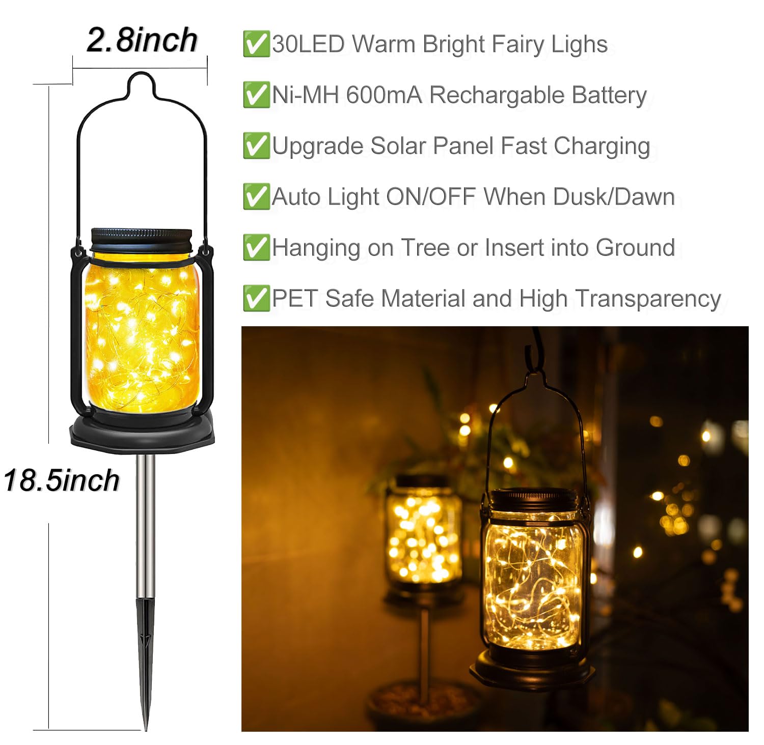 Aikeve Solar Mason Jar Lights,2 Pack 30 Led Starry Fairy String Hanging Mason Jar Lantern Lights,Solar Lanterns For Outdoor Patio Party Garden Yard Wedding Decor (Mason Jars/Handles Included)