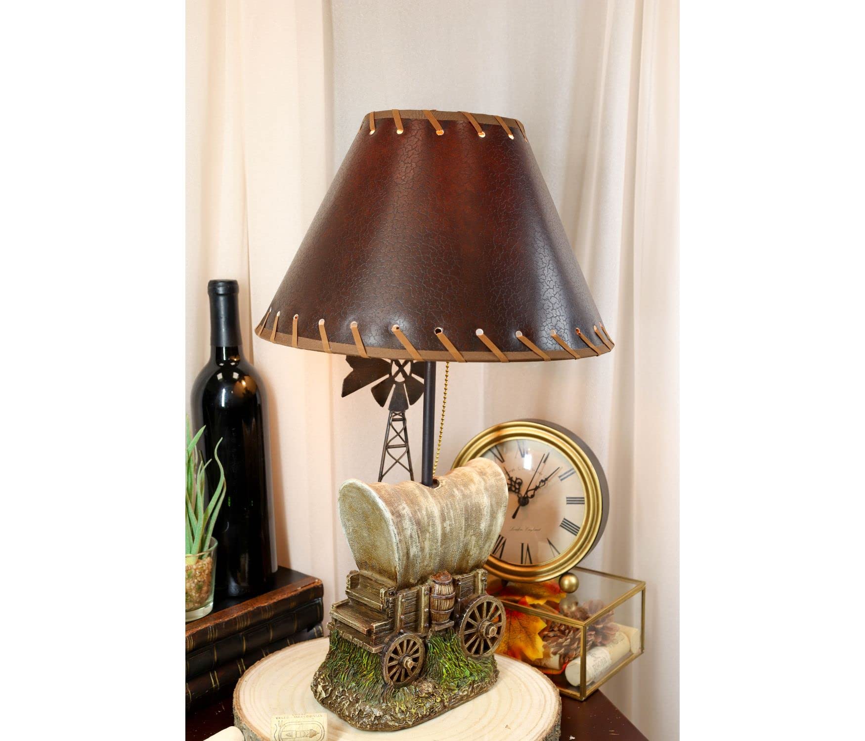 Ebros Gift Country Western Rustic Old Fashioned Covered Cargo Carriage Wagon Train With Farm Windmill Hand Painted Resin Desktop Table Lamp With Brown Faux Leather Laced Shade Home Decor Accent