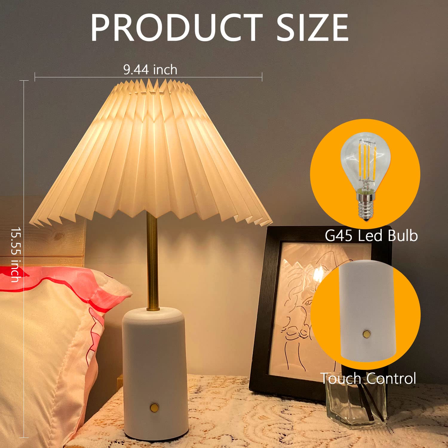 Chloranthus Cordless Table Lamp, Touch Control Stepless Dimming, 5000Mah Rechargeable Battery Pleated Desk Lamp For Bedroom/Bedside/Living Room/Kids Room With G45 Led Bulb (White)