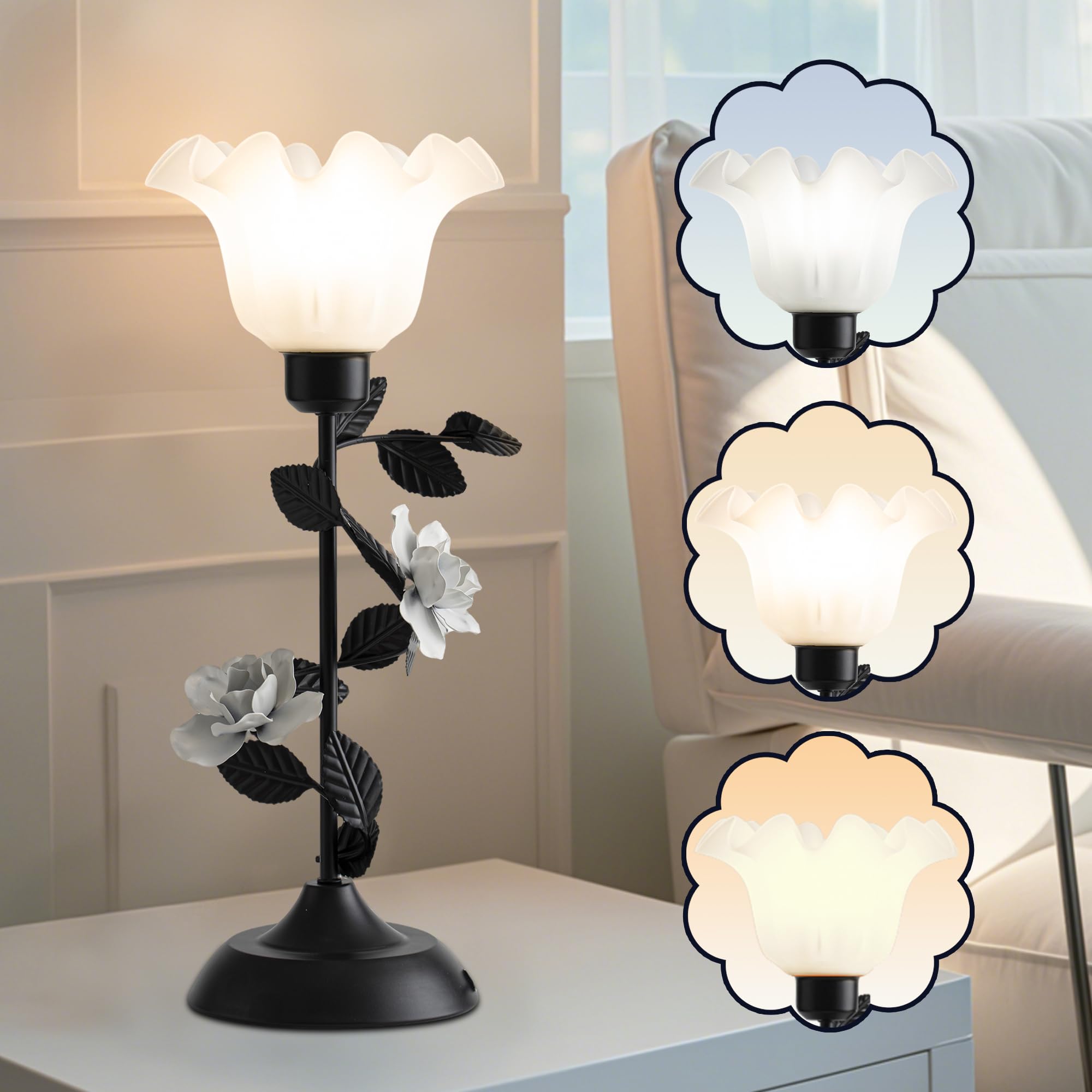 Quipzora Flower Lamp For Home,Bedside Vintage Table Lamps, Kawaii Bedside Lamp With 3 Colors Modes Led Reading Lights,Nightstand Light For Living Room Office Bedroom