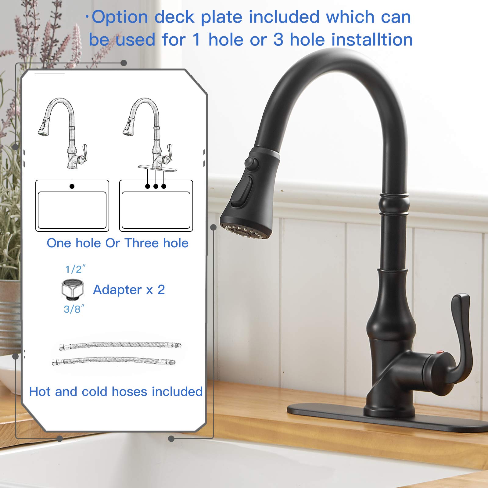 Bwe Kitchen Faucet Matte Black With Pull Out Sprayer 3 Spray Modes Farmhouse Single Handle Singe Lever Gooseneck High Arc Kitchen Sink Faucet With Deck Plate Commercial Bar Kitchen Faucets