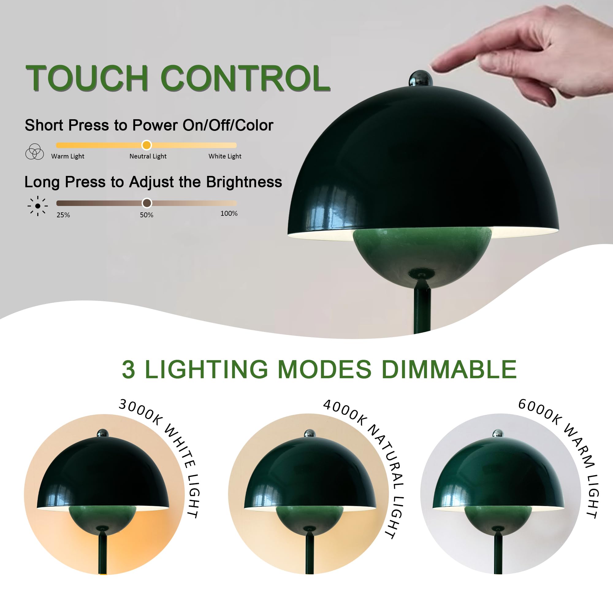 Qichksum Flowerpot Table Lamp With Usb Charging Cable, 3 Colors Stepless Dimmable Touch Desk Lamp, Cute Dome Shade Mushroom Bedside Reflecting Light For Nightstand Bedroom, Restaurant (Green)