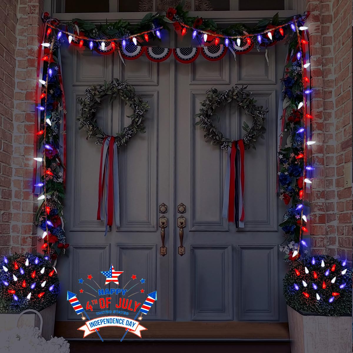 Smatols Solar July 4Th Day String Lights, 50 Led 8 Modes C6 Red White And Blue String Lights Waterproof Rechargeable Outdoor Garden Fairy Lights For Independence Day Party Patio Decorations