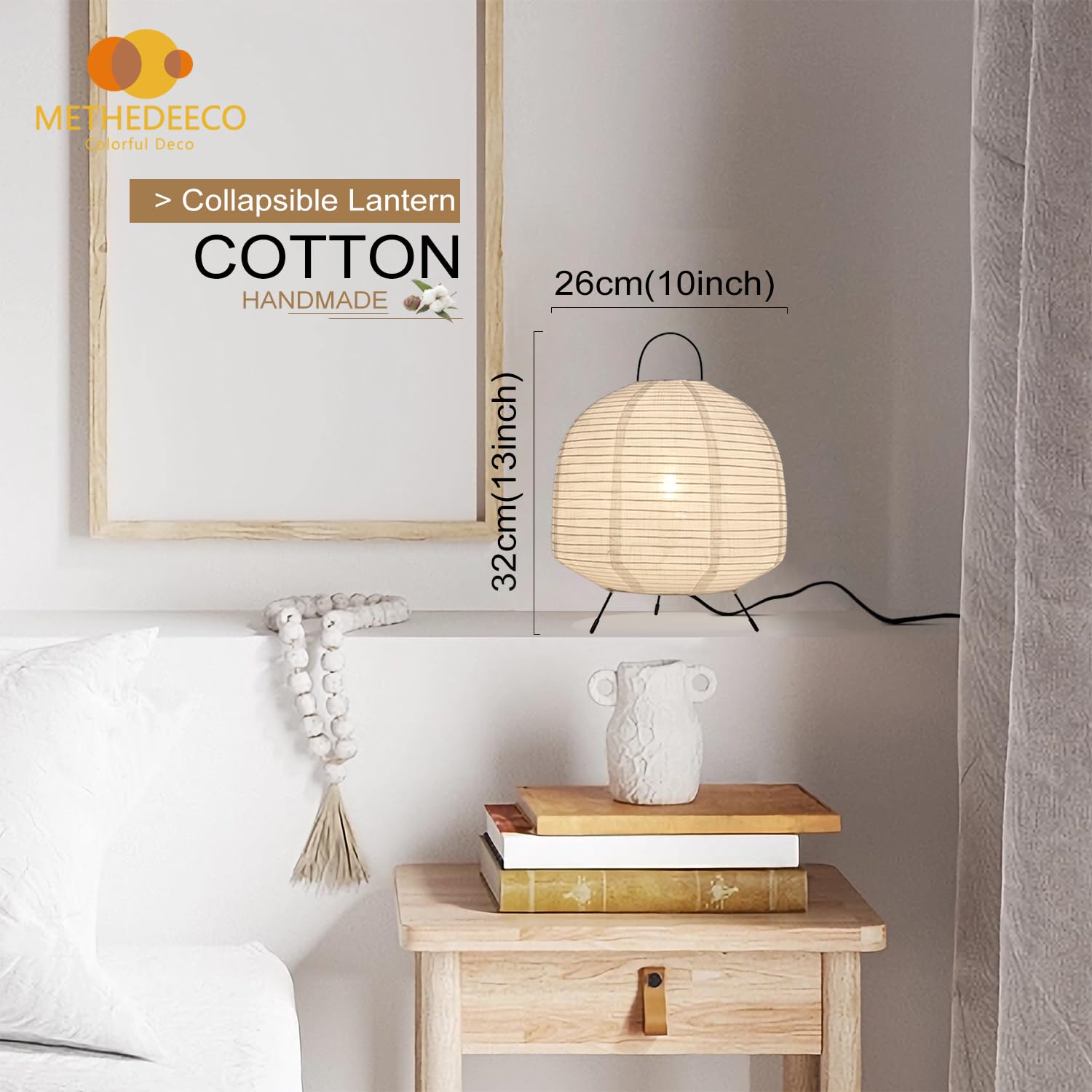 Methedeeco Handmade Linen Cotton Blend Semi Sphere Table Lamp Lantern Minimalism White Round Bedside Night Light Japans Chinese Lantern Lamp For Kids Room,Bedroom,Dormitory Office Desk Stand Light