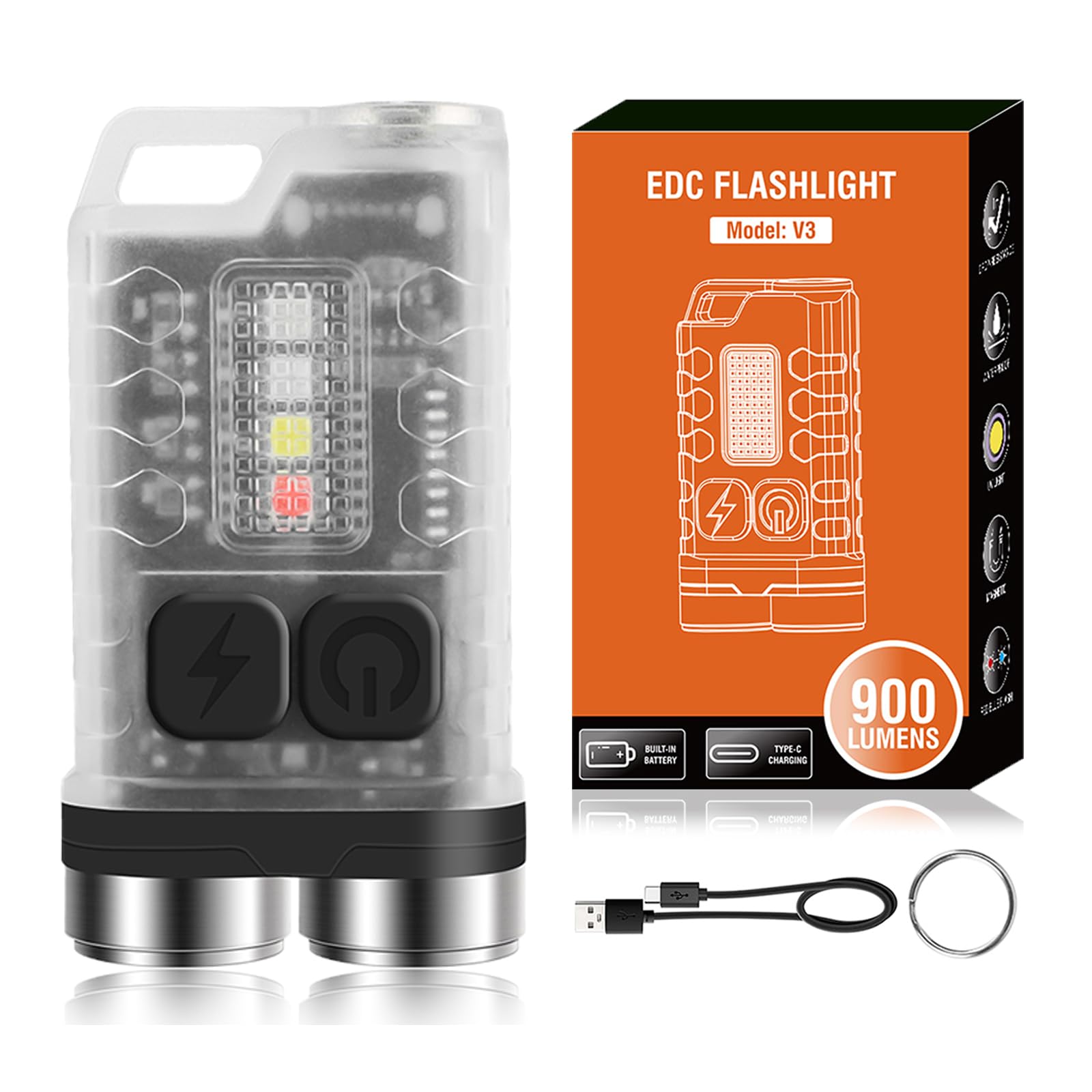 Minflower Mini Edc Flashlight, 900 High Lumen Keychain Flashlights, Rechargeable Pocket Led Flashlight With Red Uv Blue Light - 12 Modes, Ip65 Water Resistant, Usb-C, Tail Magnet (Transparent)
