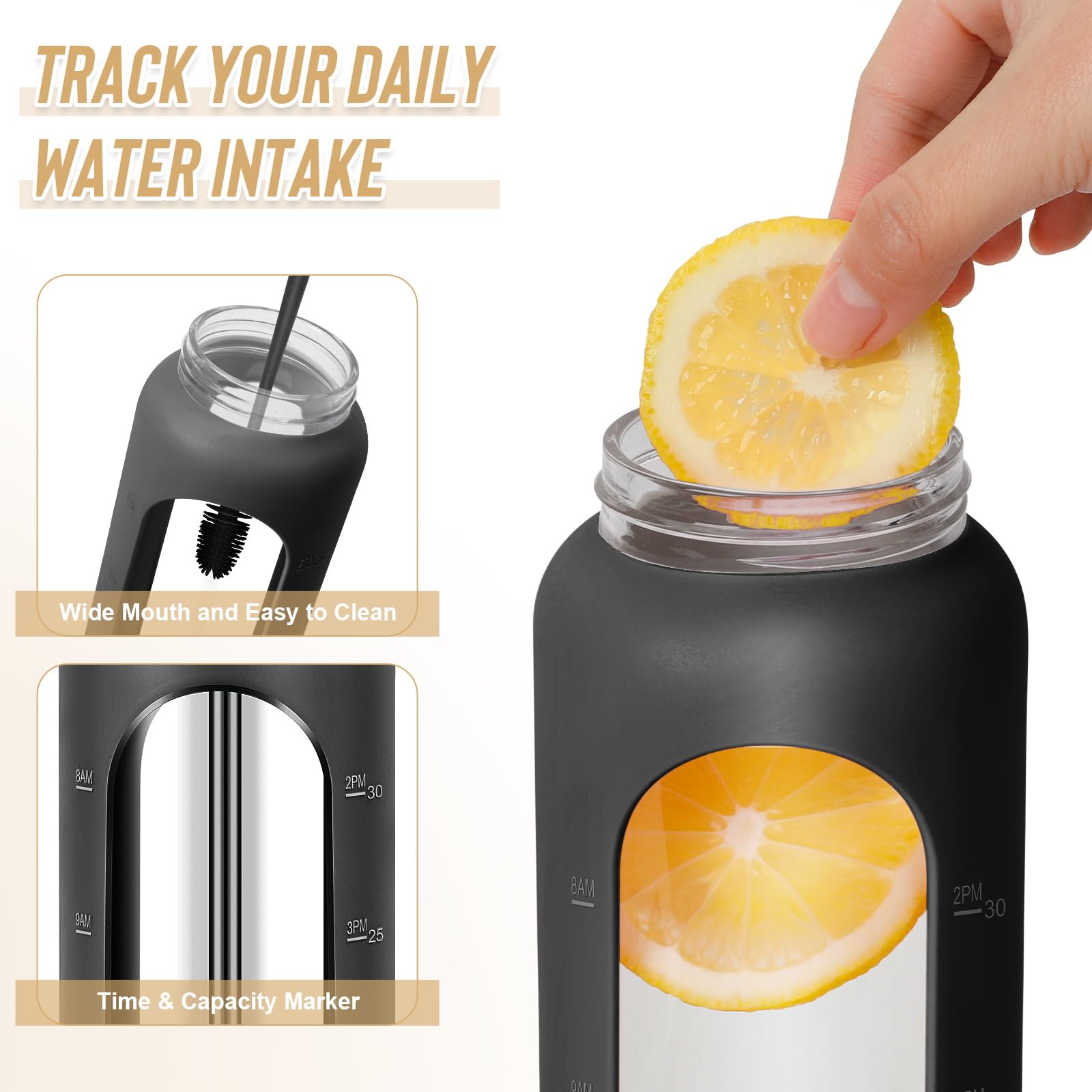 32 Oz Glass Water Bottles - 1 Liter Motivational Tumbler Water Bottle Time Marker - Borosilicate