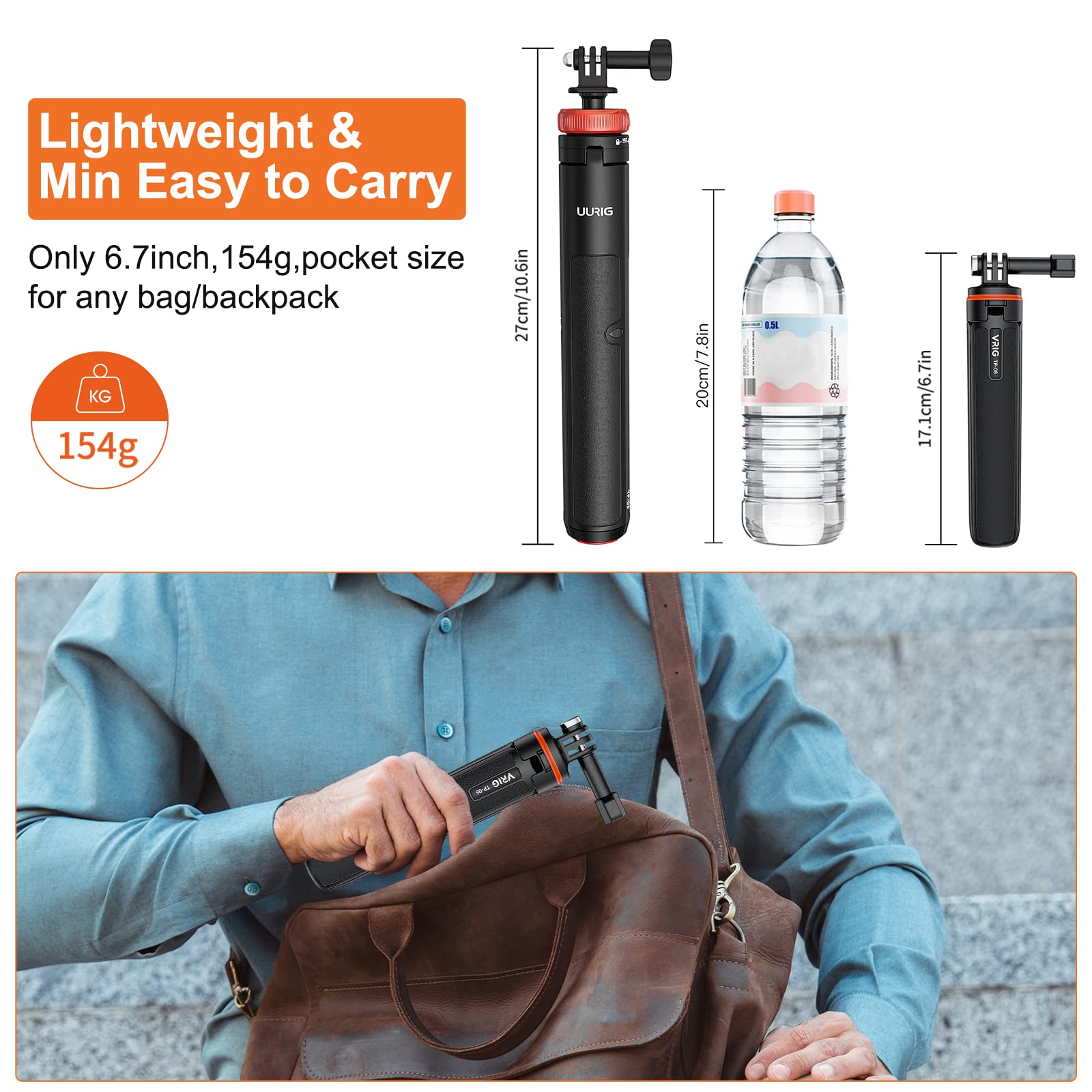 Vrig Select Uurig 20.1" Mini Extendable Gopro Tripod,Portable Selfie Stick Tripod For Dji Osmo Action 5Pro/4/3,Gopro Max Hero 11 10 9 8 7 6 5 4 3 3+ 2 1 Session
