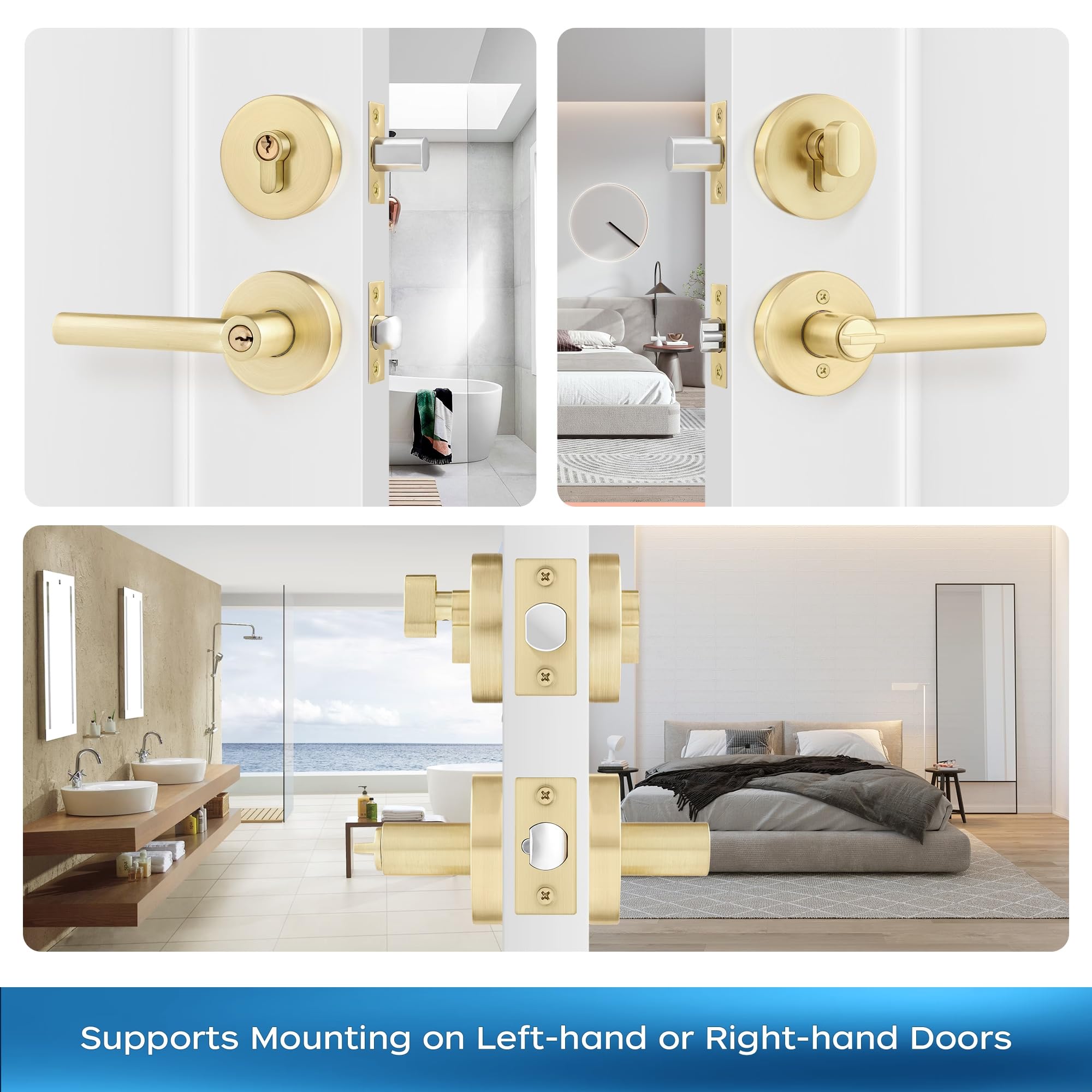 Leydebong 4 Pack Door Handleset With Single Cylinder Deadbolt, Gold Deadbolt, Reversible For Right And Left Side Single Keyed Alike Lock Set