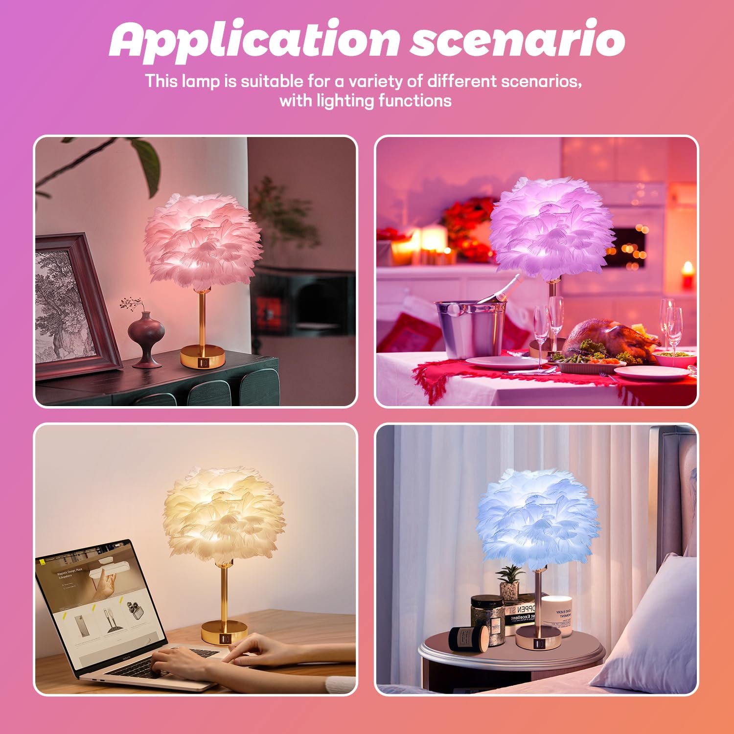 Nowepai Smart Bedside Table Lamp With Usb C+A Port, Touch Controlled, Alexa Compatible, 9W 800Lm Colored Dimmable Feather Gold Nightstand Lamp, Small Led Nightlight For Bedroom, Living Room, Office