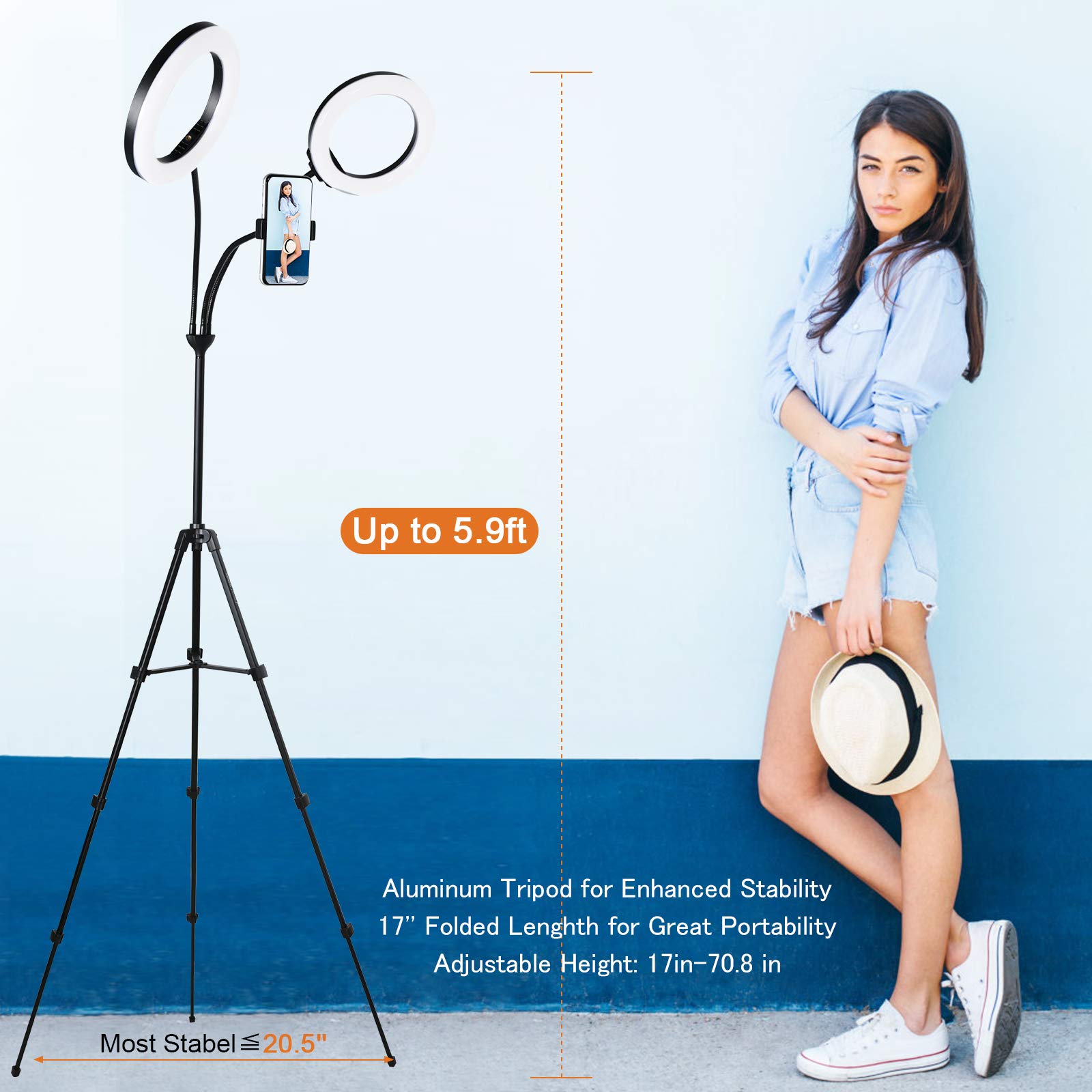 Xeneo 8'' Dual Ring Light With Tripod Stand & 2 Phone Holders For Double Brightness, Led Selfie Ring Light With Remote Shutter For Live Stream/Youtube/Video Recording/Makeup/Vlogging, Up To 5.9Ft Tall
