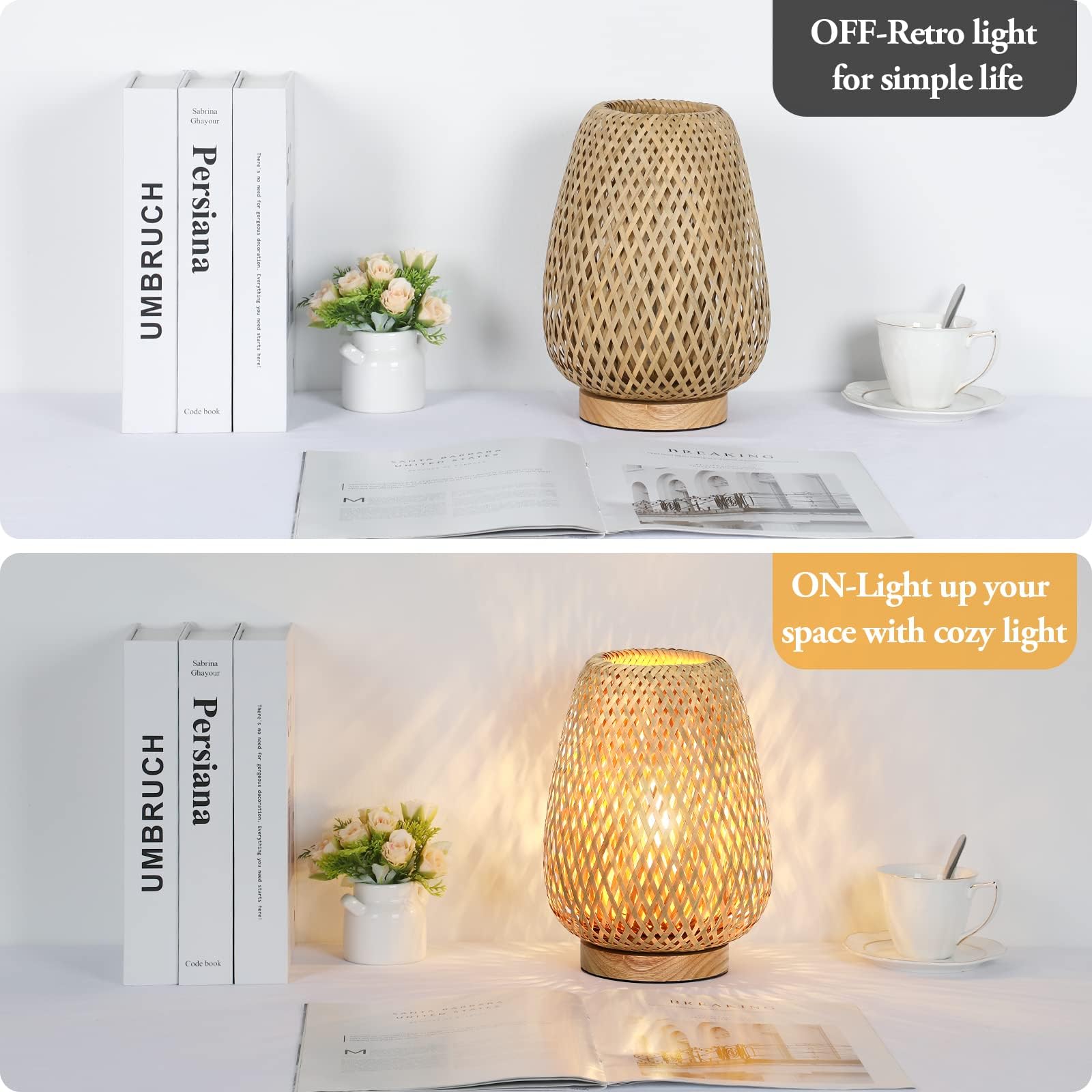 Brightever Rattan Table Lamp, Stepless Dimmable Small Beside Lamp, Vintage Wicker Wooden Nightstand Boho Bamboo Woven End Table Lamps For Bedroom Living Room Desk Kids Room, 2700K T45 Led Bulb Included
