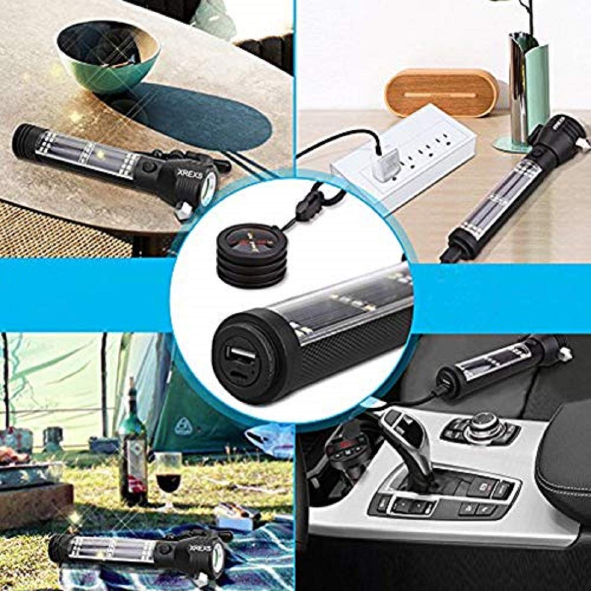 Xrexs Solar Powered Led Car Flashlight Multi-Function Solar Escape Rescue Flashlight, Usb Charger And Solar Charger, Portable Flashlight For Hiking, Camping, Traveling