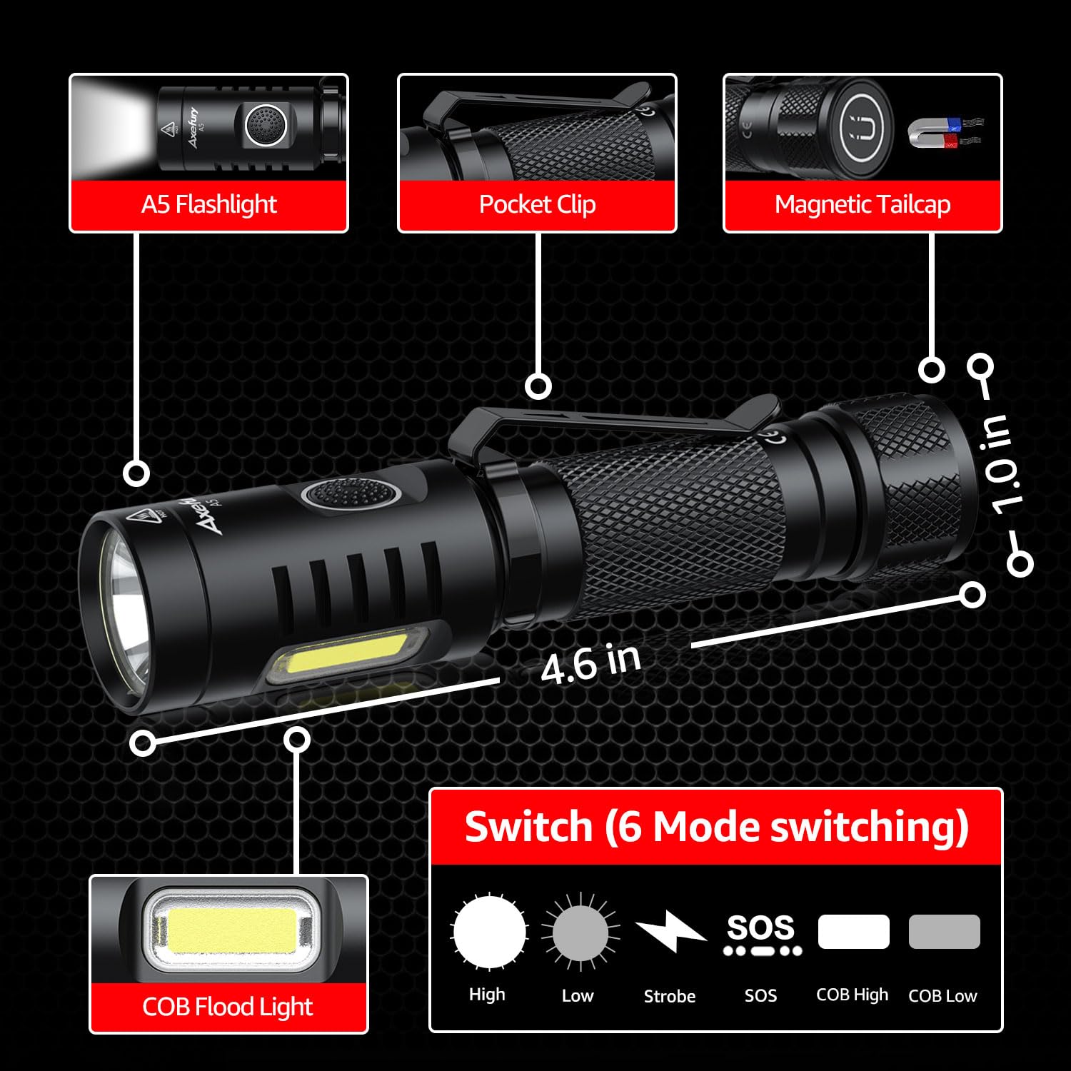 Axefury Flashlight, Magnetic Led Flashlight,Small Powerful Edc Flashlight A5 With Cob Side Light,700 Lumens,6 Modes,2 Types Batteries,Waterproof For Camping, Emergency(Not Included Battery)
