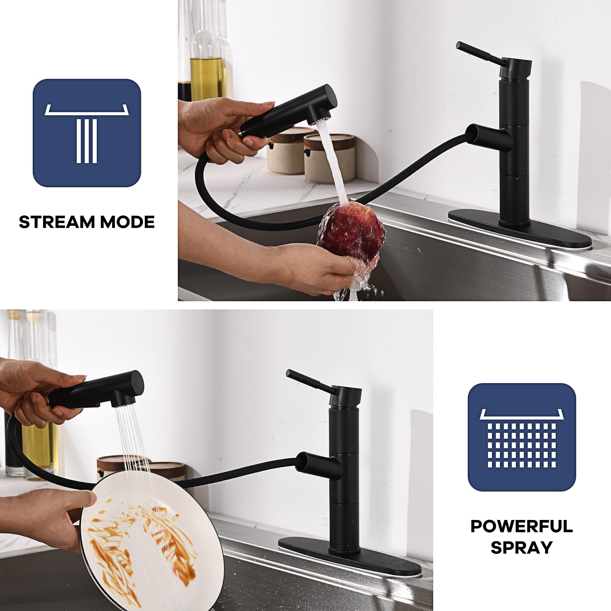 Fropo Black Kitchen Faucet With Sprayer, Black Kitchen Sink Faucet With Pull Down Sprayer, Modern Stainless Steel Bar Sink Faucet Rv Kitchen Faucet With Deck Plate 2 Modes Spray Spot Resist
