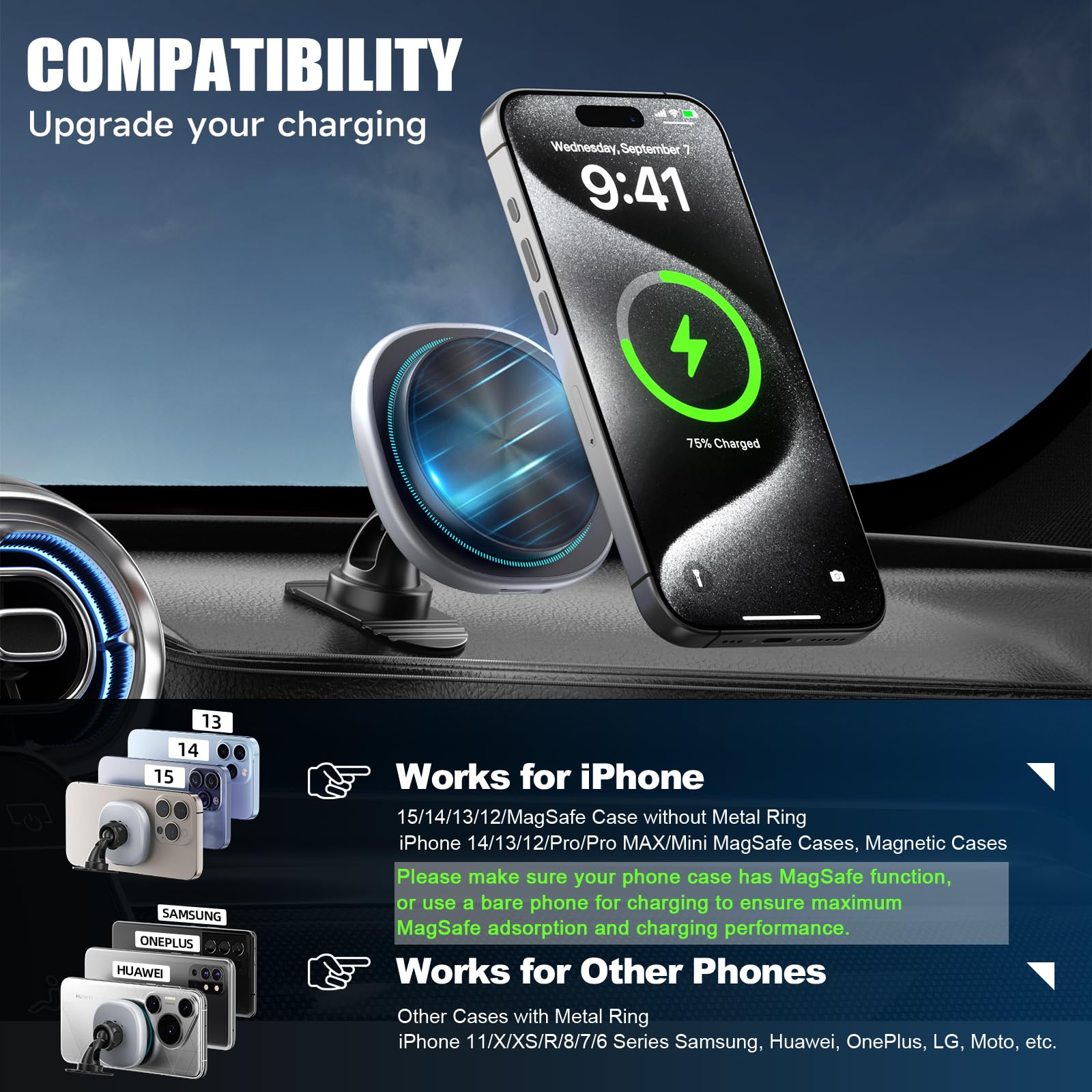 Jimillys Magsafe Car Mount Charger, 15W Fast Charging Strong Magnetic Phone Holder, Air Vent/Dashboard Wireless Charger For Iphone 16/15/14/13/12 Accessories