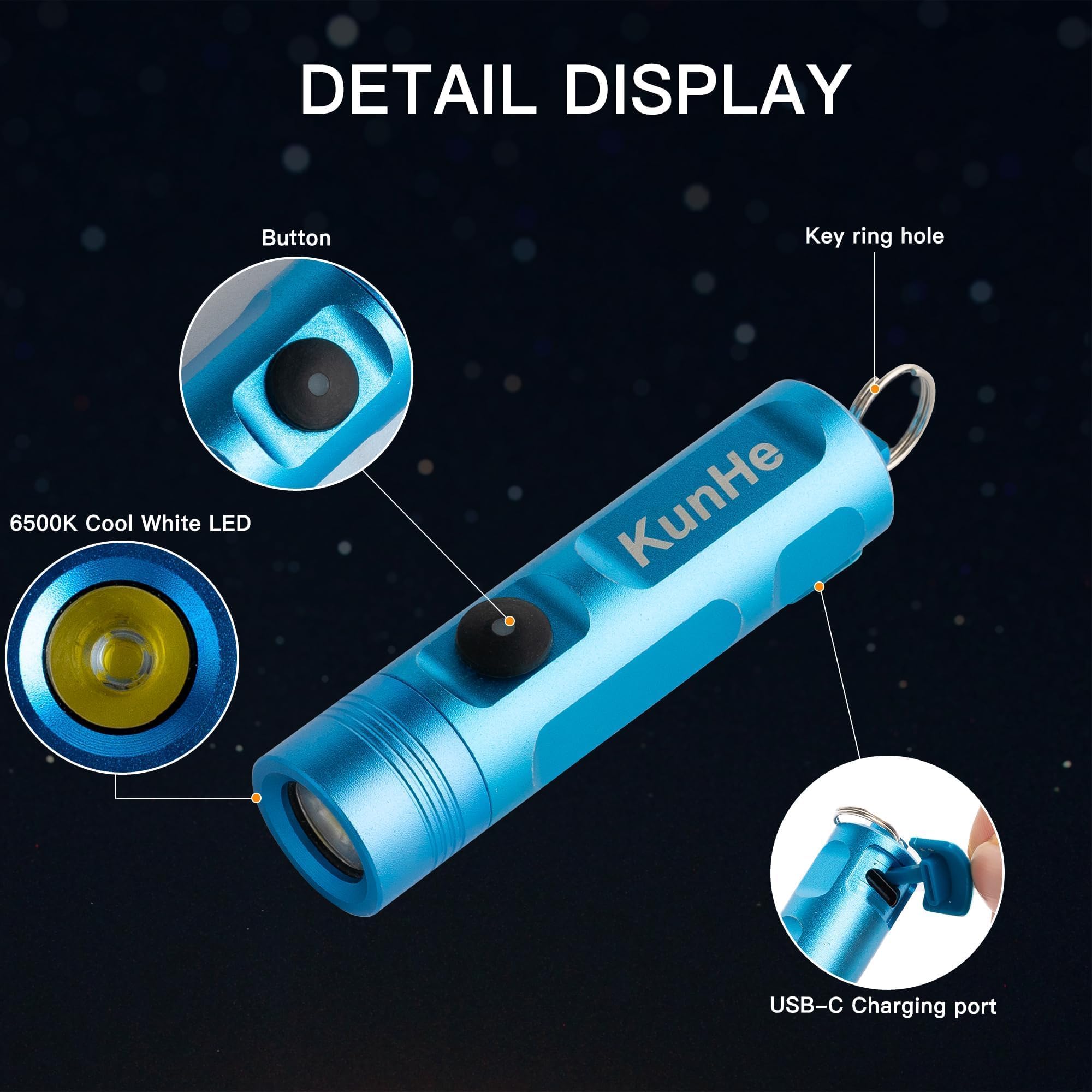 Kunhe 2 Pack Blue Rechargeable Keychain Flashlight Portable Small Mini Flashlight Edc Pocket Flashlight 300 Lumens For Home Hiking Unlocking Doors Walking Dogs Wallet