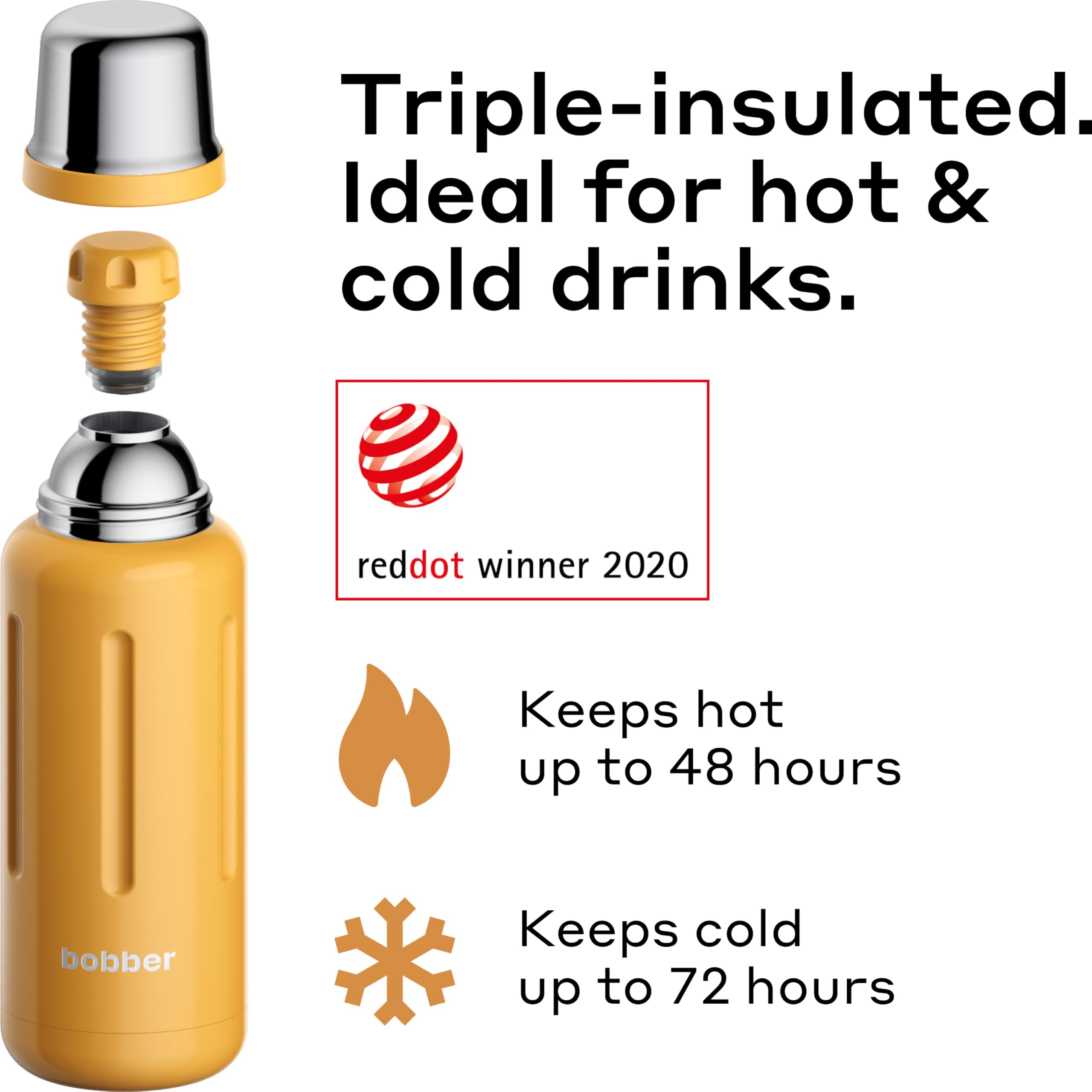 Bobber - 34 Oz Vacuum Insulated Stainless Steel Water Bottle With Cup Lid - Dishwasher Safe - Keeps