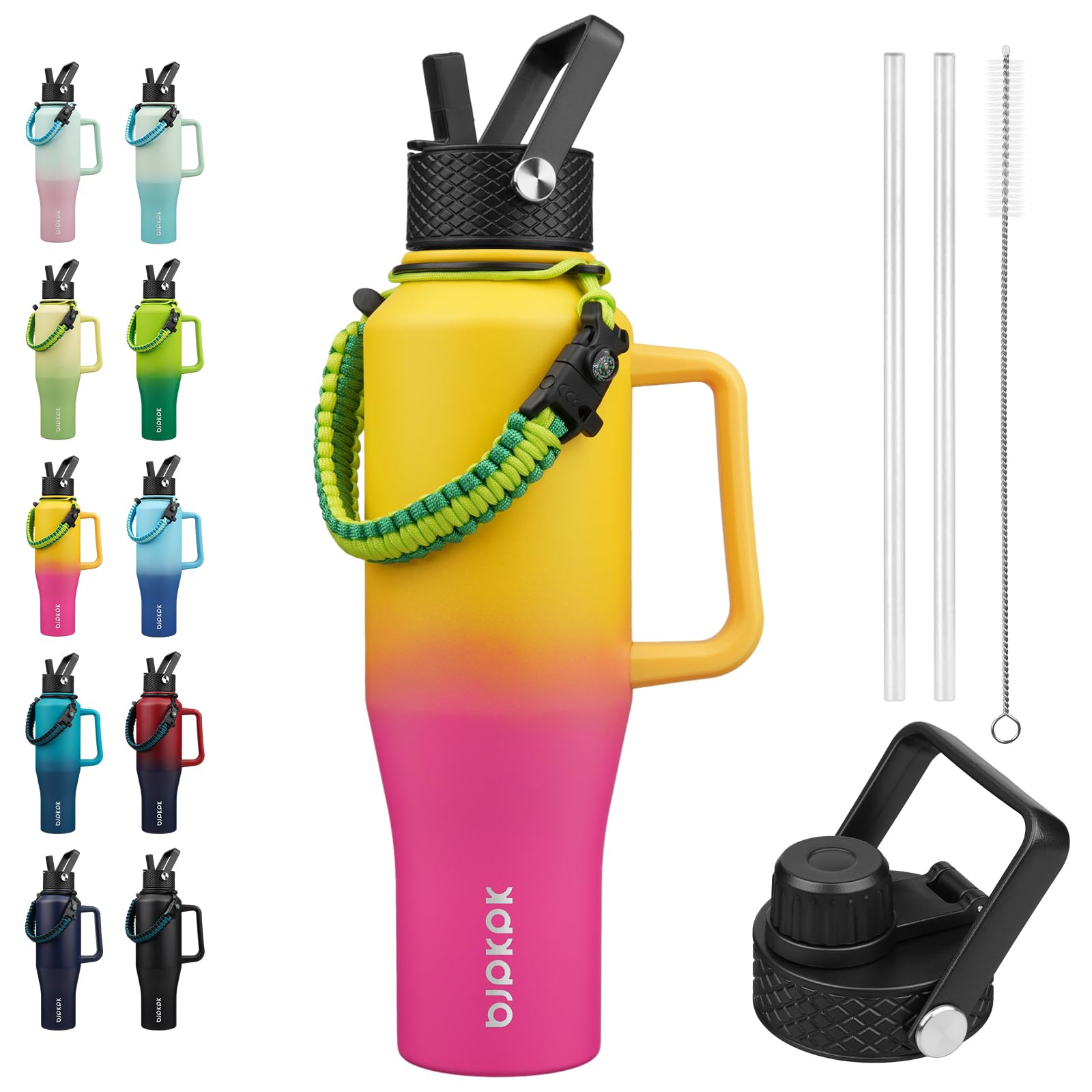Bjpkpk Insulated Water Bottles With Straw Lid, 40Oz Metal Water Bottle With 2 Lids & Paracord