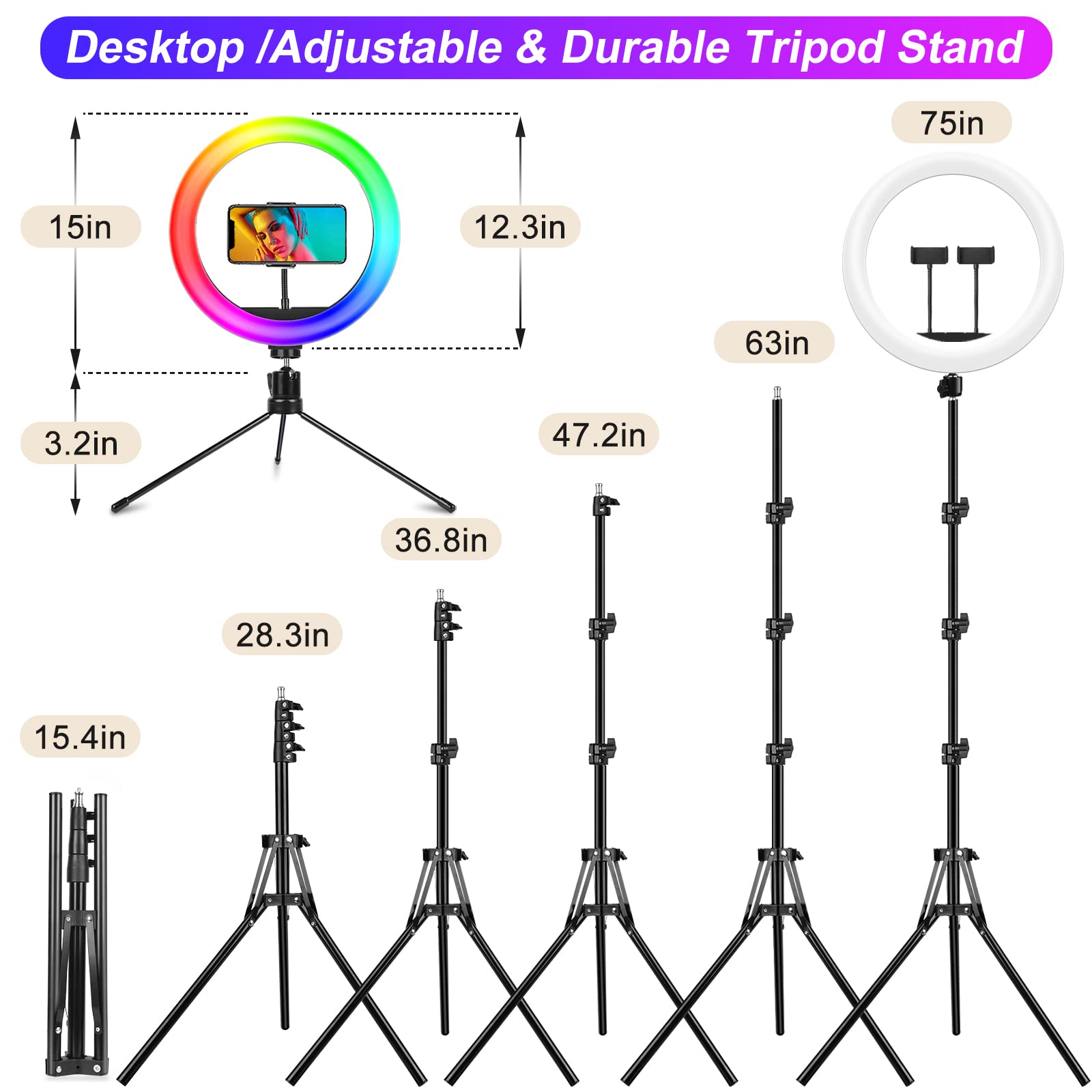 Stally 12.3" Ring Light With Stand 75" Tall And 2 Phone Holder, Ring Light Tripod For Iphone With 3 Cct Mode & 29 Color Modes, Remote Shutter, Desk Tripod, Great For Live Stream/Makeup/Youtube/Tiktok